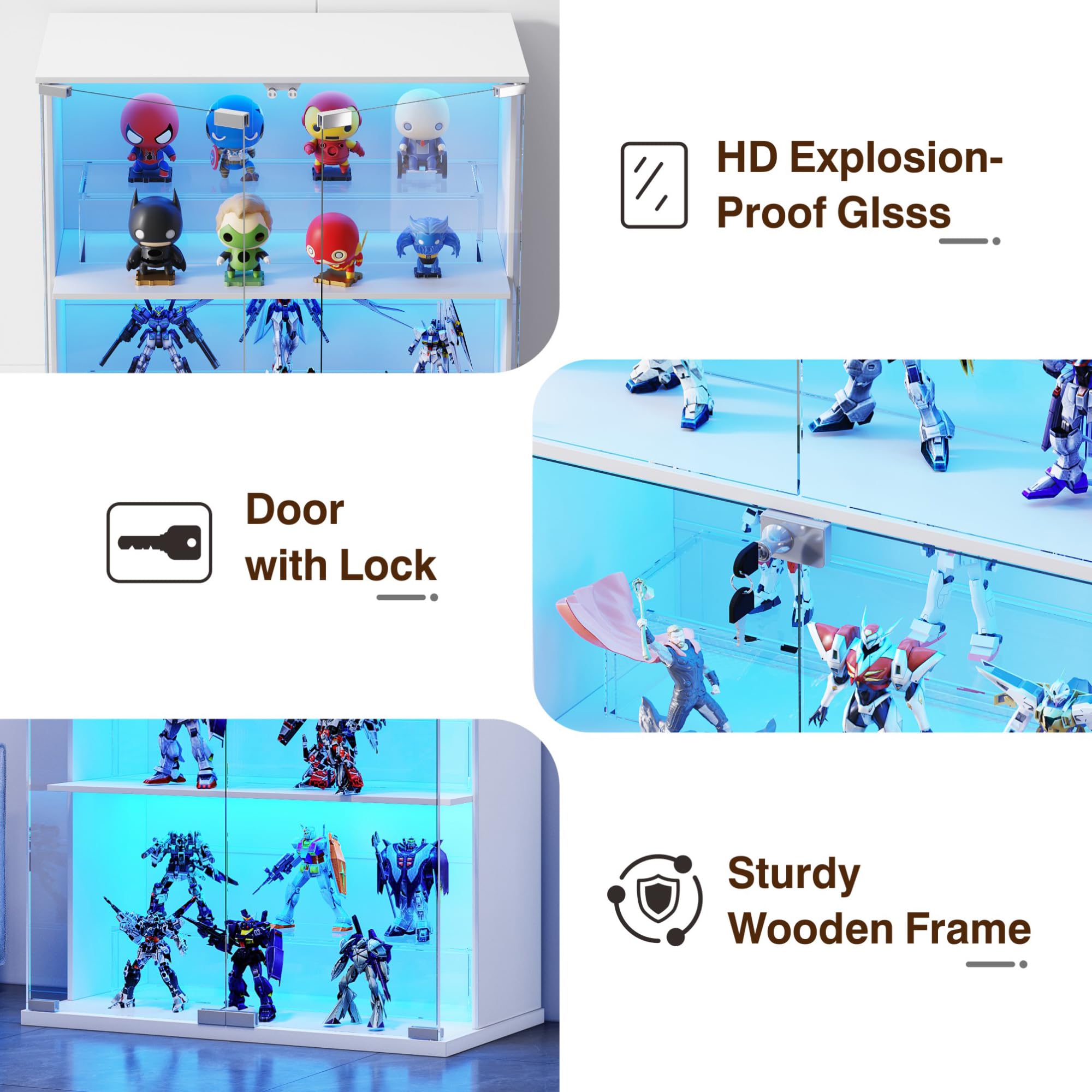 Lvifur Vitrina con iluminación LED y Puertas de Cristal para coleccionables y vinos, 35×70×168 cm, 4 Niveles, con sensores Inteligentes para salón o Dormitorio, Blanca