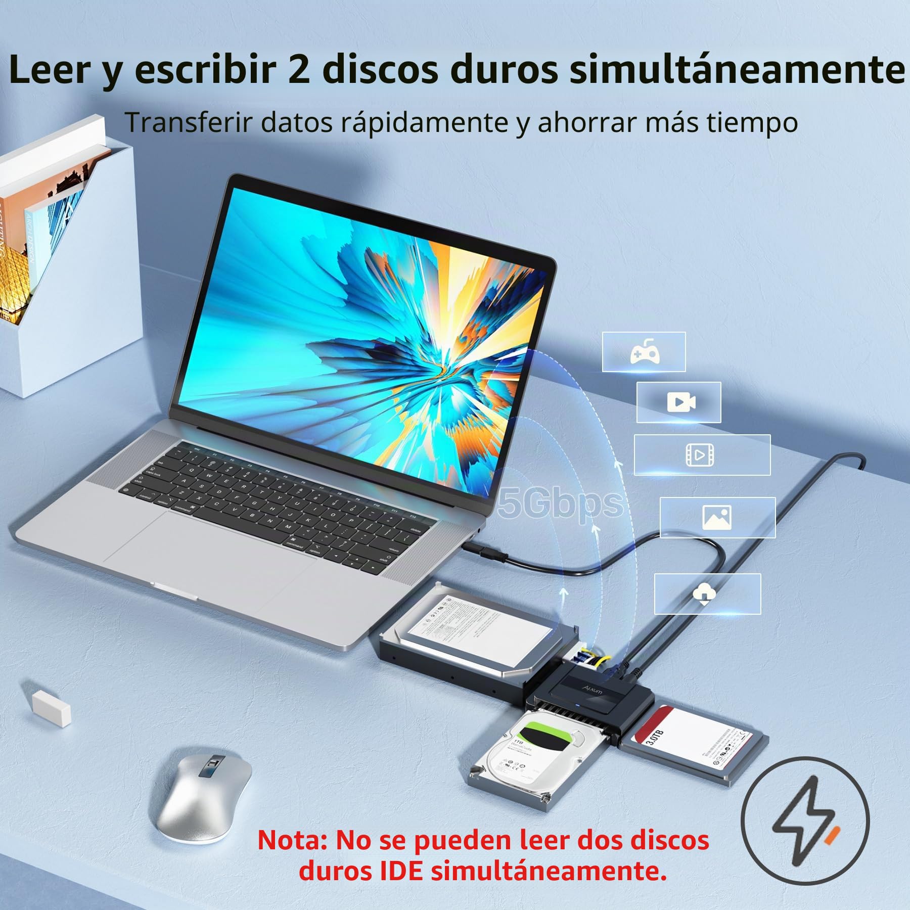 Alxum IDE a SATA Cable Adaptador, USB Lector Disco Duro Externo para 2,5 / 3,5 Pulgadas IDE HDD y SATA III HDD/SSD, con Cable USB C con Adaptador USB A y 12V/2A Fuente de alimentación
