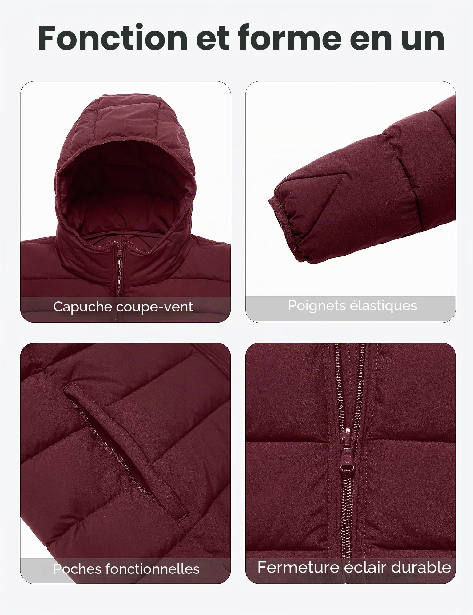 Wantdo Veste d'Hiver pour Femme Parka Chaude Doudoune Léger Manteau | Coupe Coupe-vent,Imperméable,Poignets Côtelés,Poches à Boutons-Pression,Taille Ajustable,Capuche Amovible,Plein air