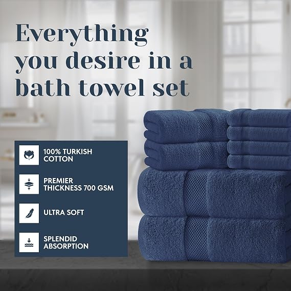 White Classic Luxury Navy Bath Towel Set of 8 - Soft 100% Turkish Cotton