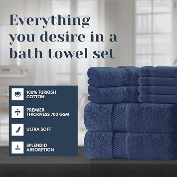 White Classic Luxury Navy Bath Towel Set of 8 - Soft 100% Turkish Cotton