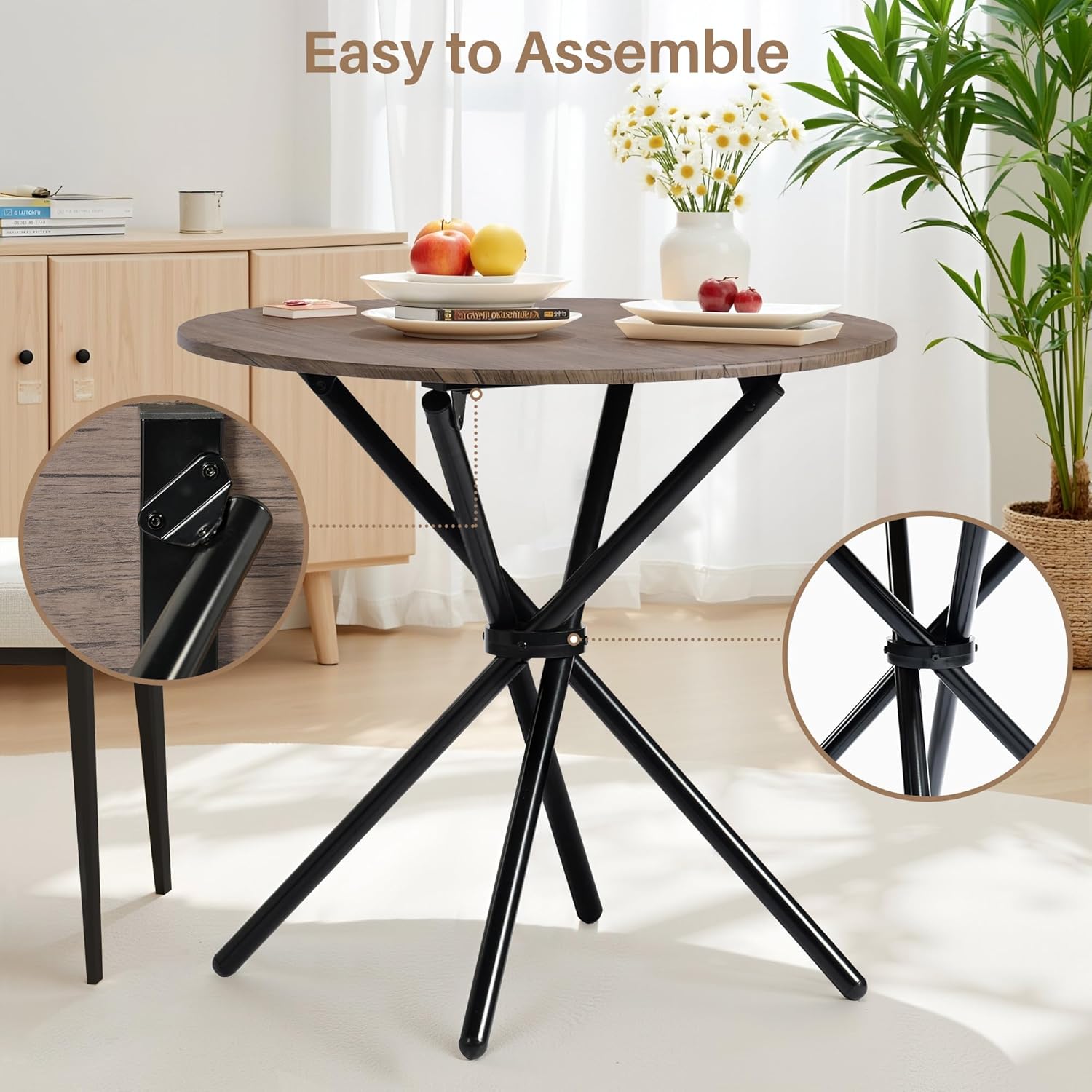 Round Dining Table, Modern Wood Kitchen Dining Table with Metal Legs, 31.5'' Small Dinner Room Table for 2 to 4 People, Circle Table for Home Kitchen, Dining Room, Living Room