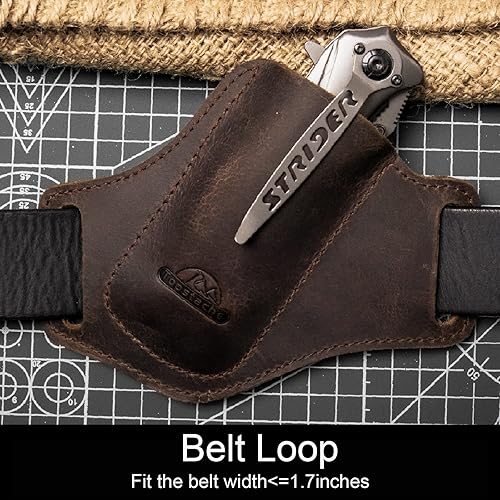 Vista 17 de Topstache Funda de cuero hecha a mano para cinturón, cinturón EDC, plegable, para hombre, dibujo cruzado, lado izquierdo, parte superior abierta
