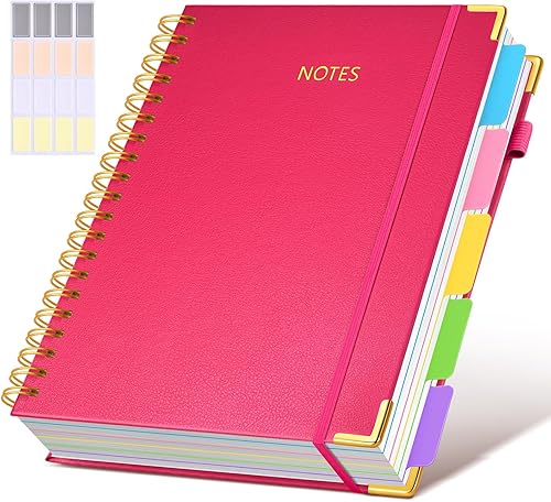 Miniatura 55 de Cuaderno universitario de espiral con tapa dura de cuero de 8 x 10 pulgadas, con pestañas separadoras extraíbles, para 5 materias, a rayas; diario