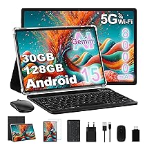 10 Pollici Tablet 30GB+128GB, 8000mAh, Android 15, FHD Schermo IPS, Processore Octa-Core, Certificazione GMS, Widevine L1, Controllo Parentale, Corpo in Metallo Tablets PC con Tastiera, Mouse -Nero