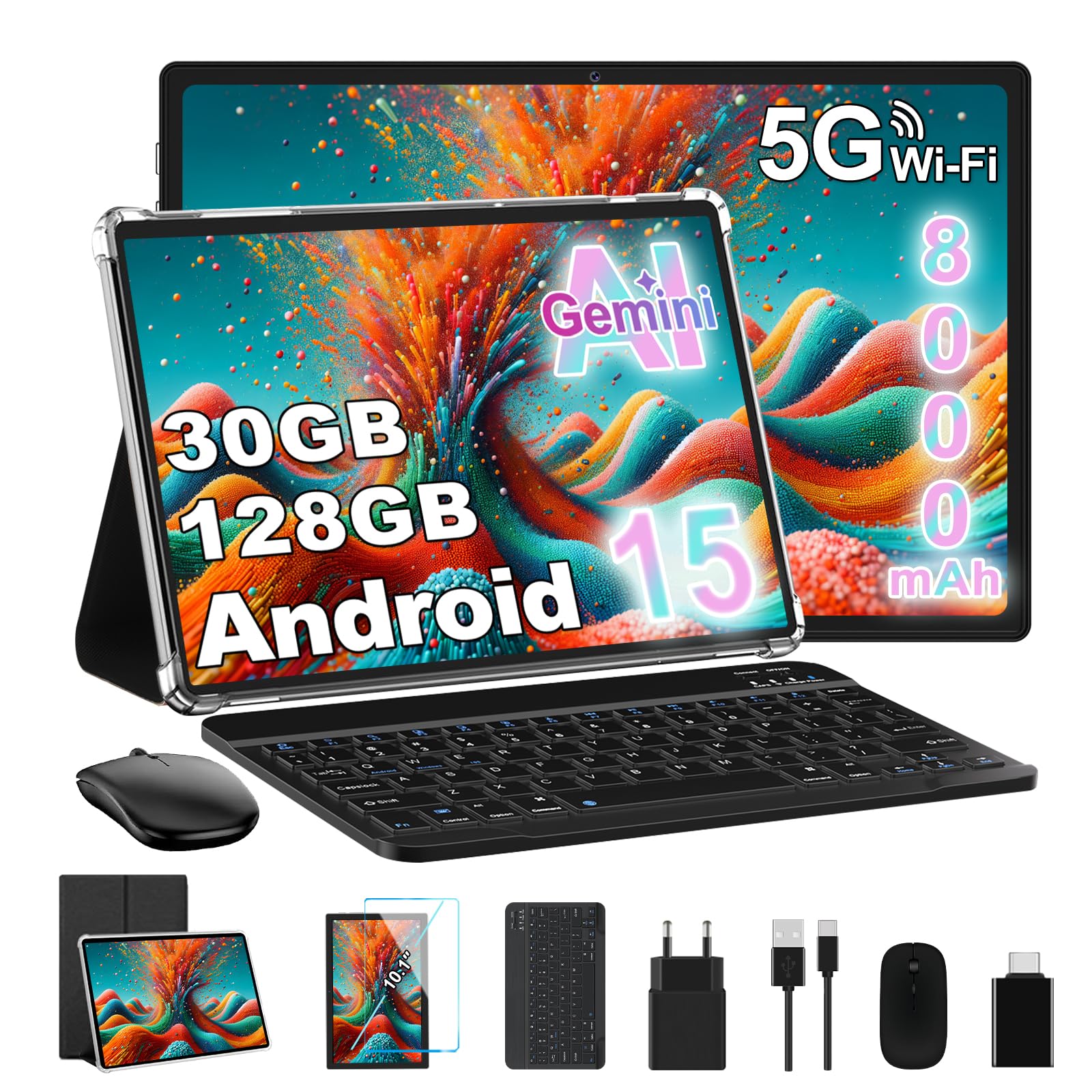 10 Pollici Tablet 30GB+128GB, 8000mAh, Android 15, FHD Schermo IPS, Processore Octa-Core, Certificazione GMS/ Widevine L1/ Controllo Parentale, Corpo in Metallo Tablets PC con Tastiera, Mouse -Nero