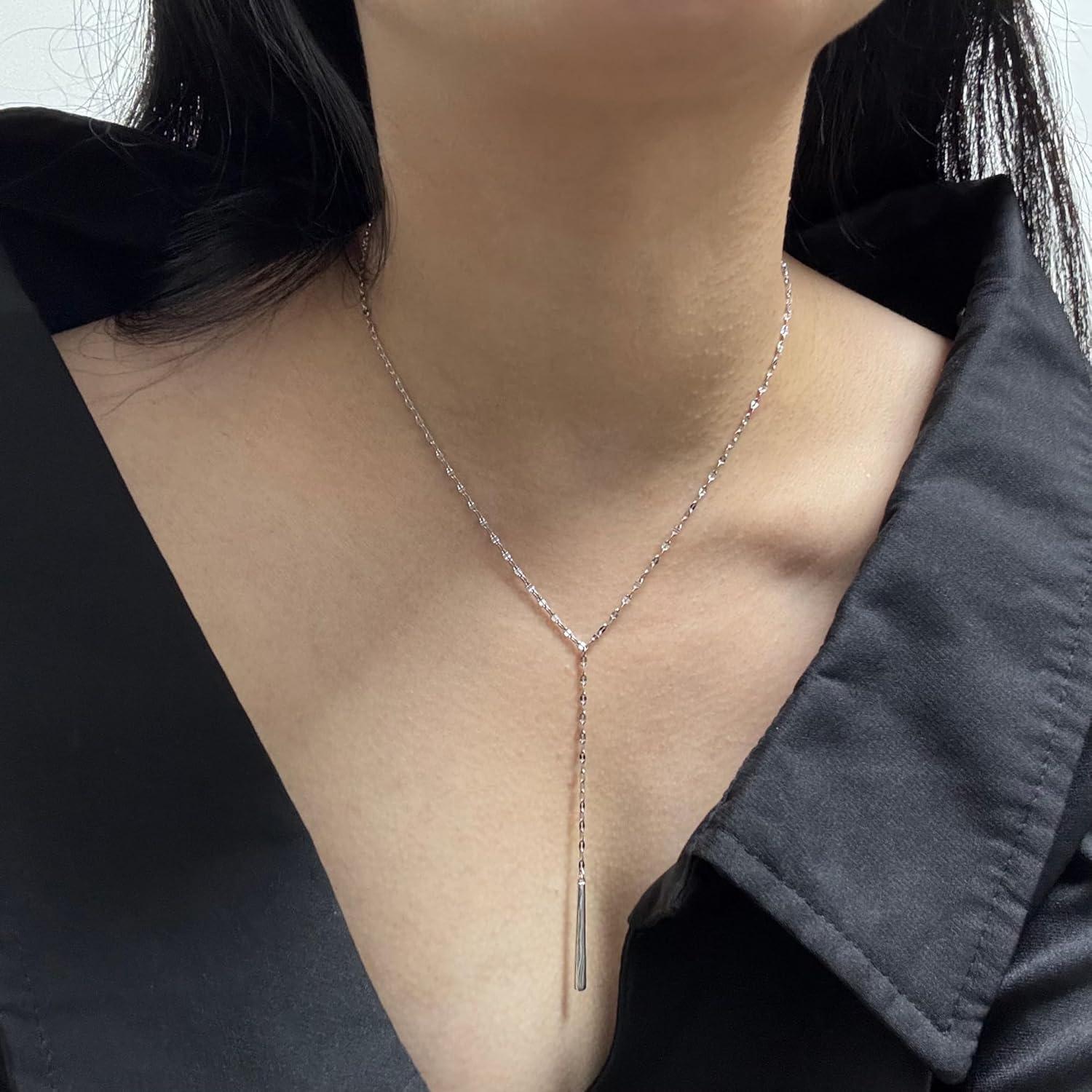 Handmade Sterling Silver Lariat Necklace with Bar Dainty Drop Y Chain Necklaces for Women - Image 2