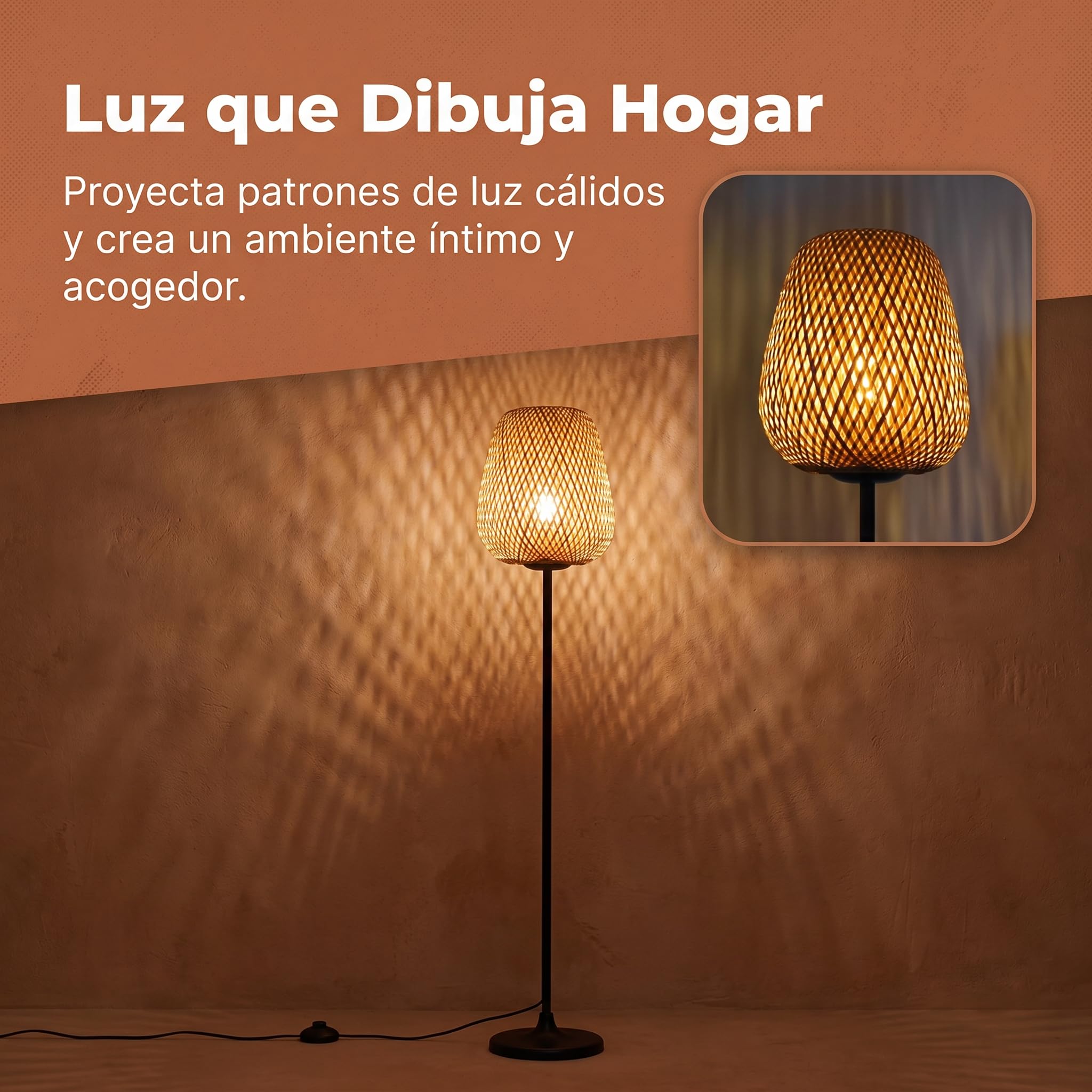 BARCELONA LED Lampa Podłogowa NIKKO z Rattanu z Oprawką E27, Lampa Stojąca Boho z Ręcznie Plecionym Kloszem, Czarna Metalowa Konstrukcja, Oświetlenie Nastrojowe do Salonu Sypialni Jadalni