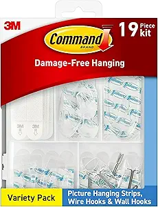 Command Variety Pack, Picture Hanging Strips, Wire Hooks and Wall Hooks, Damage Free Hanging Clear Variety Pack for Up to 19 Items, 1 Kit