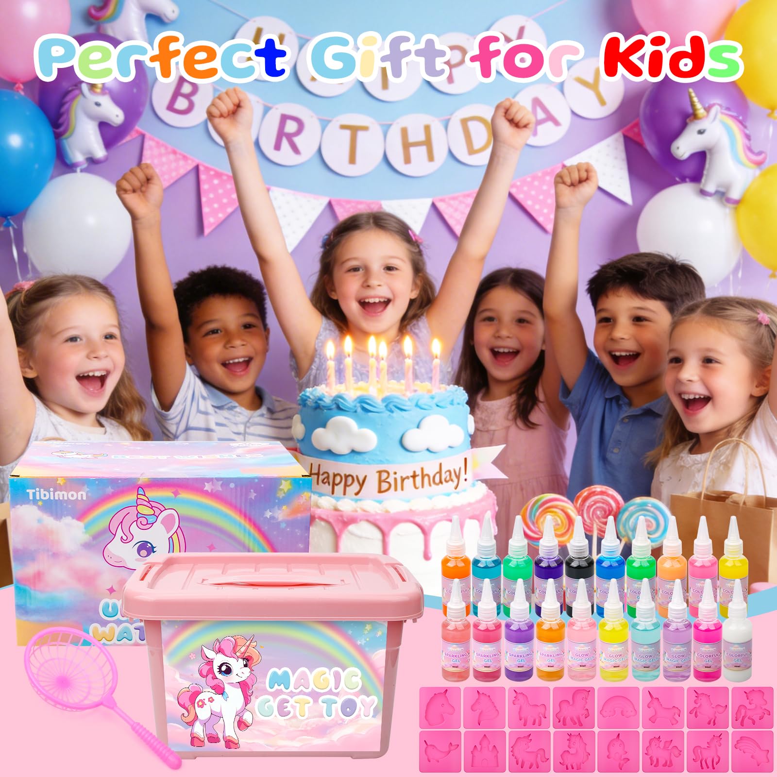 Tibimon Einhorn Magic Water Elf, DIY 3D Magisches Wasser Gel Spielzeug, 20 Magischem Gel und 16 Formen, Magic Water elf für Kinder 4 5 6+, Geburtstag, Weihnachten, Ostern, Geschenk für Jungen Mädchen