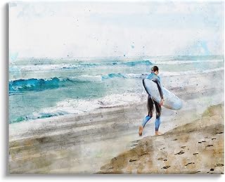 Stupell Industries Summer Surfer Walking Coast Incoming Tide Sandy Footprints Canvas Wall Art, 48 x 36, Blue