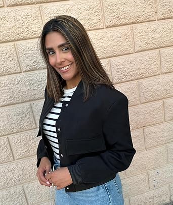 Womens Cropped Bomber Jackets Casual Button Down Stand Collar Varsity Jackets Shackets Coats With Pockets