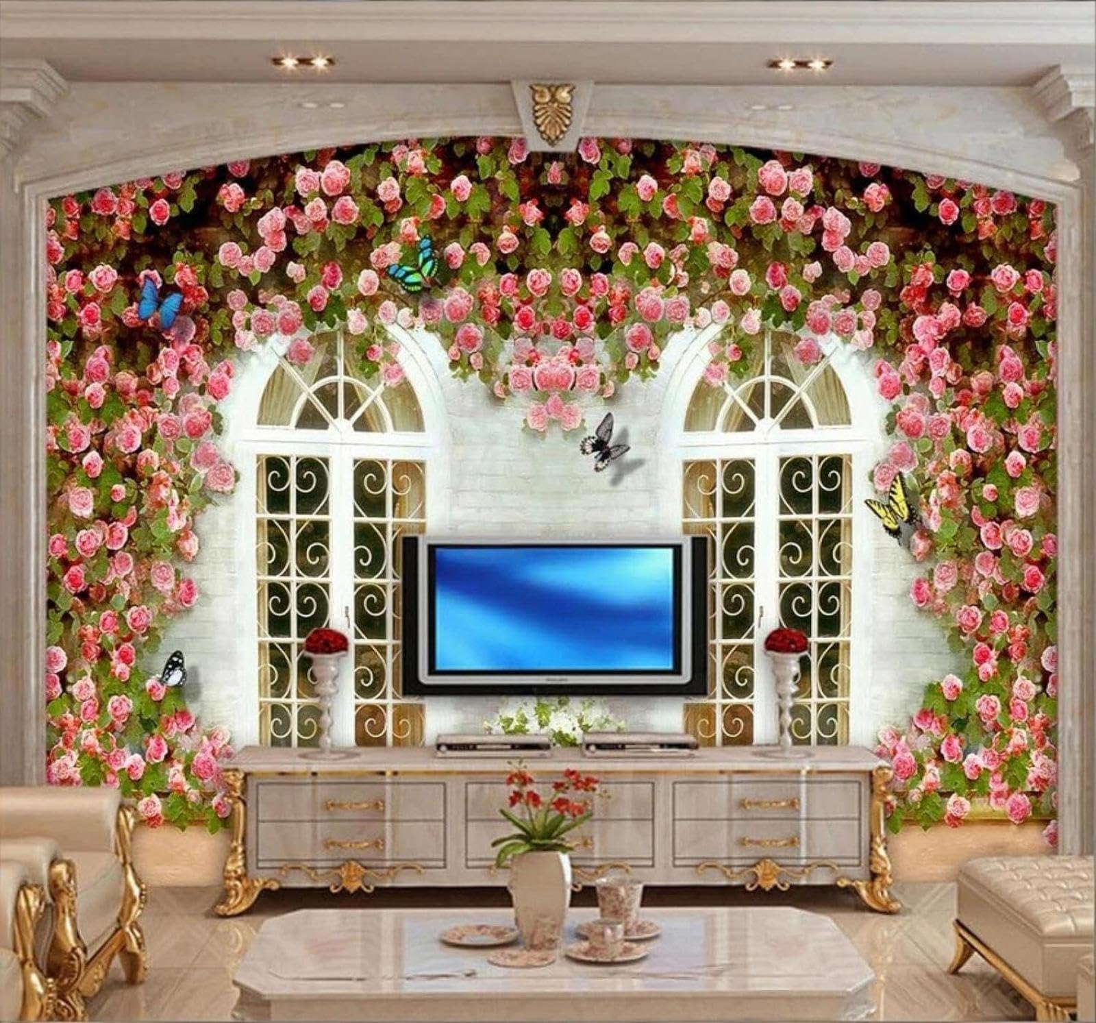 XLMING Creative Romantic Floral Butterflies Window 3D Wallpaper Luxury Home Dining Decor Paste Sofa Living Room The Wall for Bedroom Mural-250cm×170cm