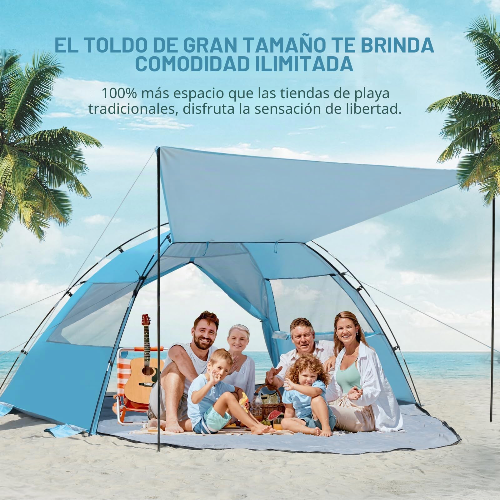 Elegear Tienda de Playa para 6-8 Personas, Tienda de Campaña Protección UV UPF 50+ Portable Canopy con Bolsa de Transporte Refugio Playa Familiar para Varar Parque Camping Pesca, 260x165x150cm, Azul