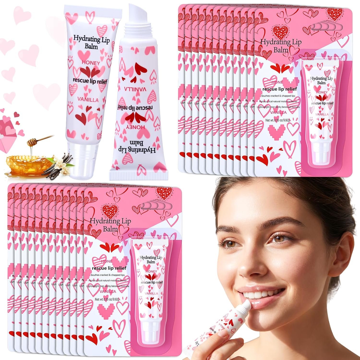 Leelosp 24 Pcs Valentine's Day Lip Balm Galentine's Gifts Bulk Honey Vanilla Lip Balm Conversation Heart Hydrating Natural for Dry Cracked Lips Women Valentines Gifts Bulk for Her