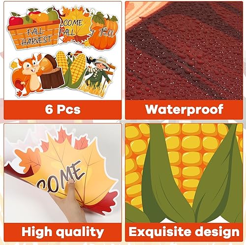 Miniatura 3 de Juego de 6 manteles individuales de plástico con texto en inglés "Hello Fall", de bienvenida, otoño, otoño, decoración de mesa con temática de