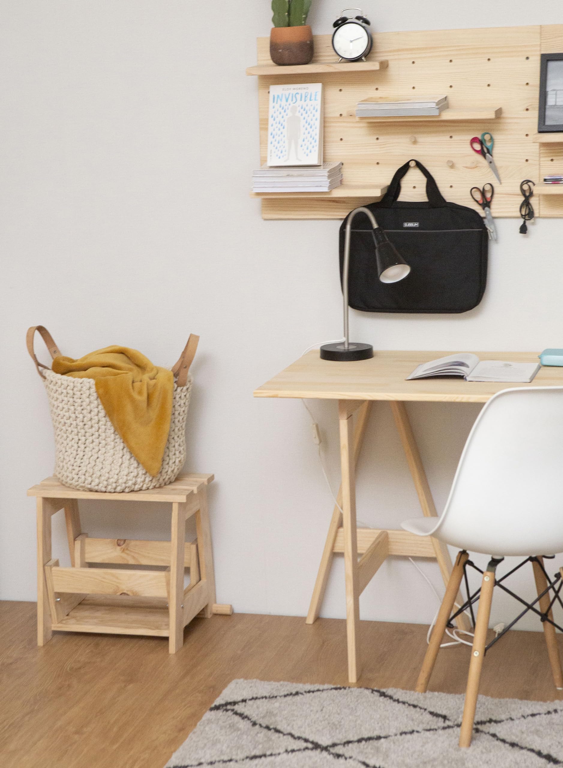 Taburete Escalera Plegable de Madera de Pino con 2 peldaños (42X50x38,6cm)