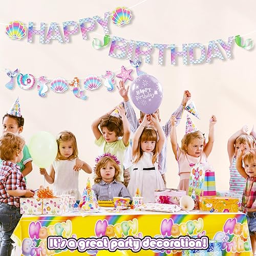 Miniatura 7 de Decoraciones de fiesta de cumpleaños de sirena para niñas y mujeres, 60 piezas de suministros de fiesta de sirena con pancarta de feliz cumpleaños,