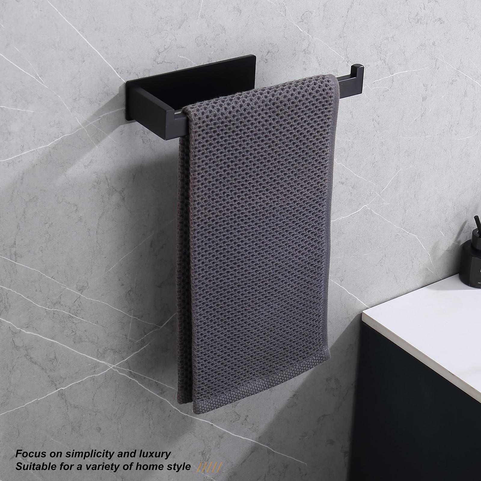 Wieonios Self-Adhesive Hand Towel Holder Matte Black, Premium Stainless Steel Rustproof Hand Towel Bar no Drilling for Bathroom, Kitchen, Washroom