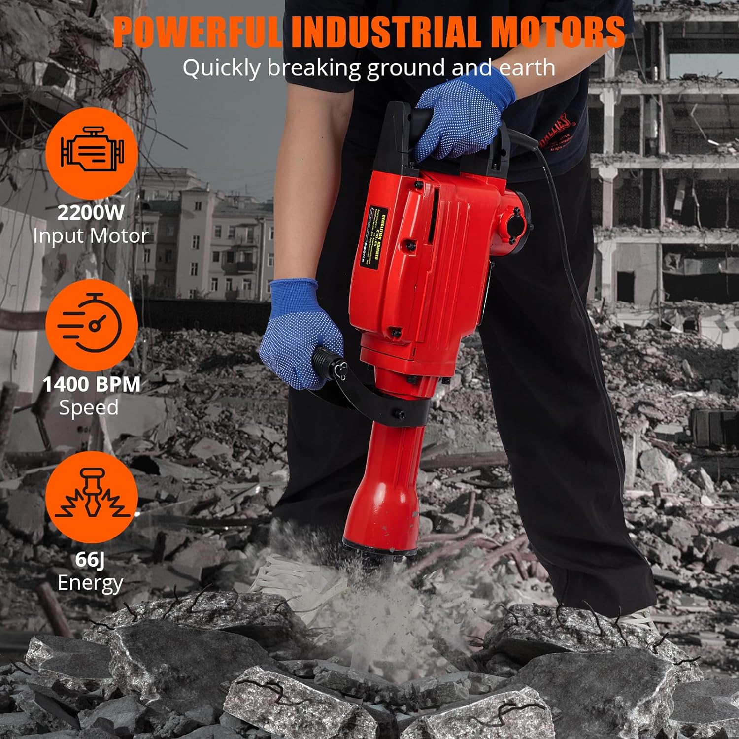 2200W Demolition Jack Hammer Metal Concrete Breaker 1400 BPM Jack Hammer Concrete Breaker Tool Kit, 6pcs Chisels Bit Set W/Case, Noise-Canceling Earplug, Shoulder Strap