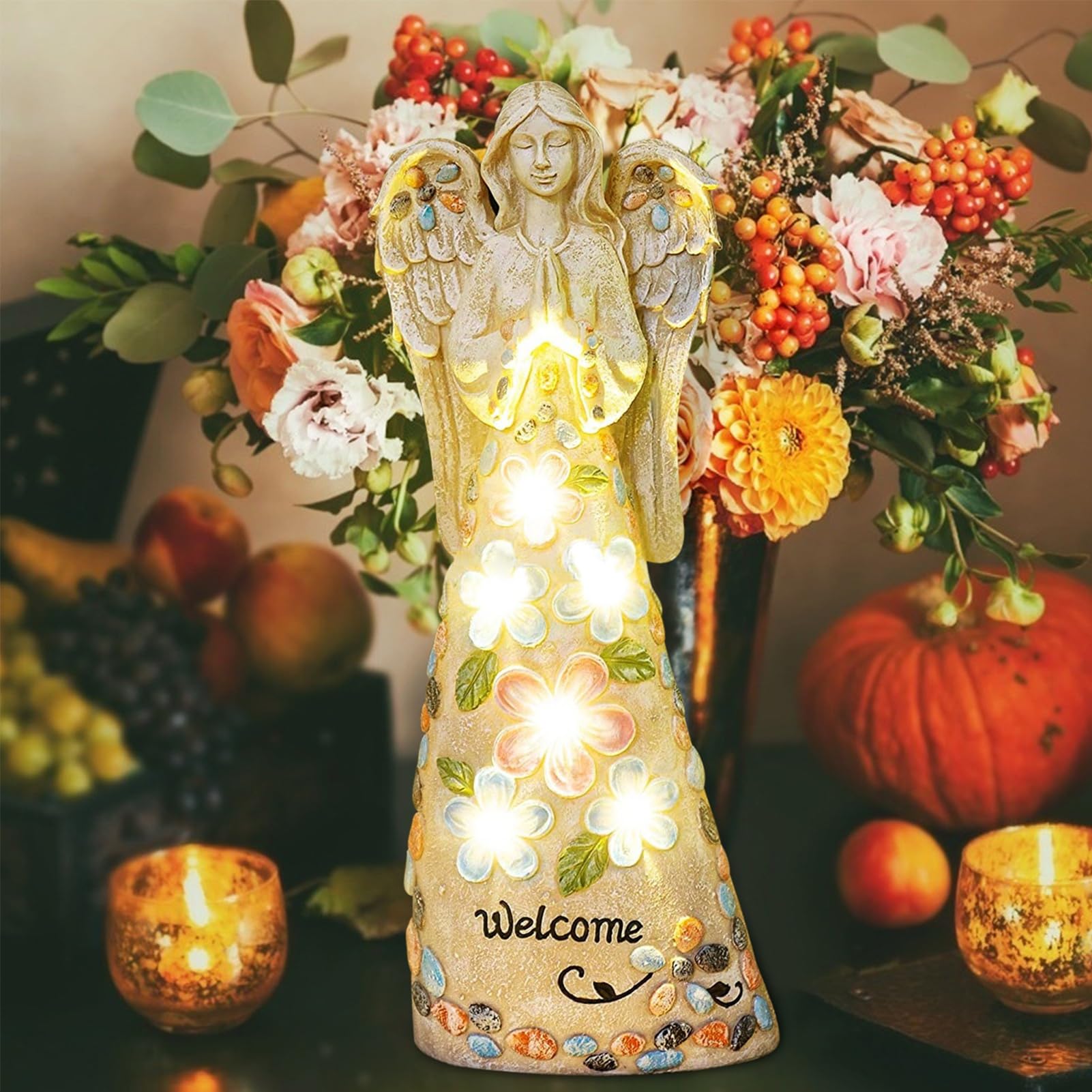 Solar Engel Gartenstatuen, Gartendekoration Betende Engel, Schutzengel Willkommen Figuren, mit 6 LED Solarleuchten, Fairy Engel Skulptur Deko Draußen, Rasen, Hof, Terrasse, Fensterbank, 36cm