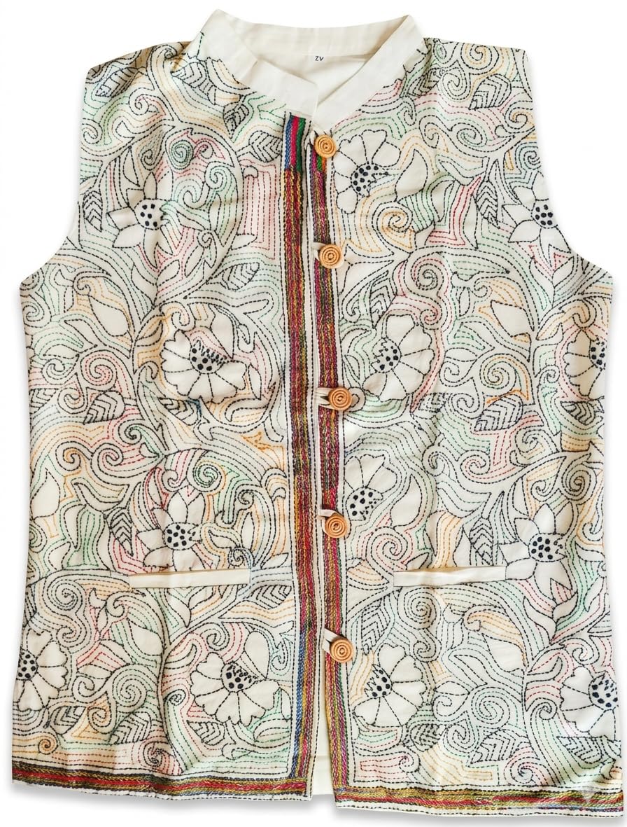 Men's Cotton Kantha Stitch Nehru Jacket, Free Size, Floral Embroidered Sleeveless Vest-picture-31
