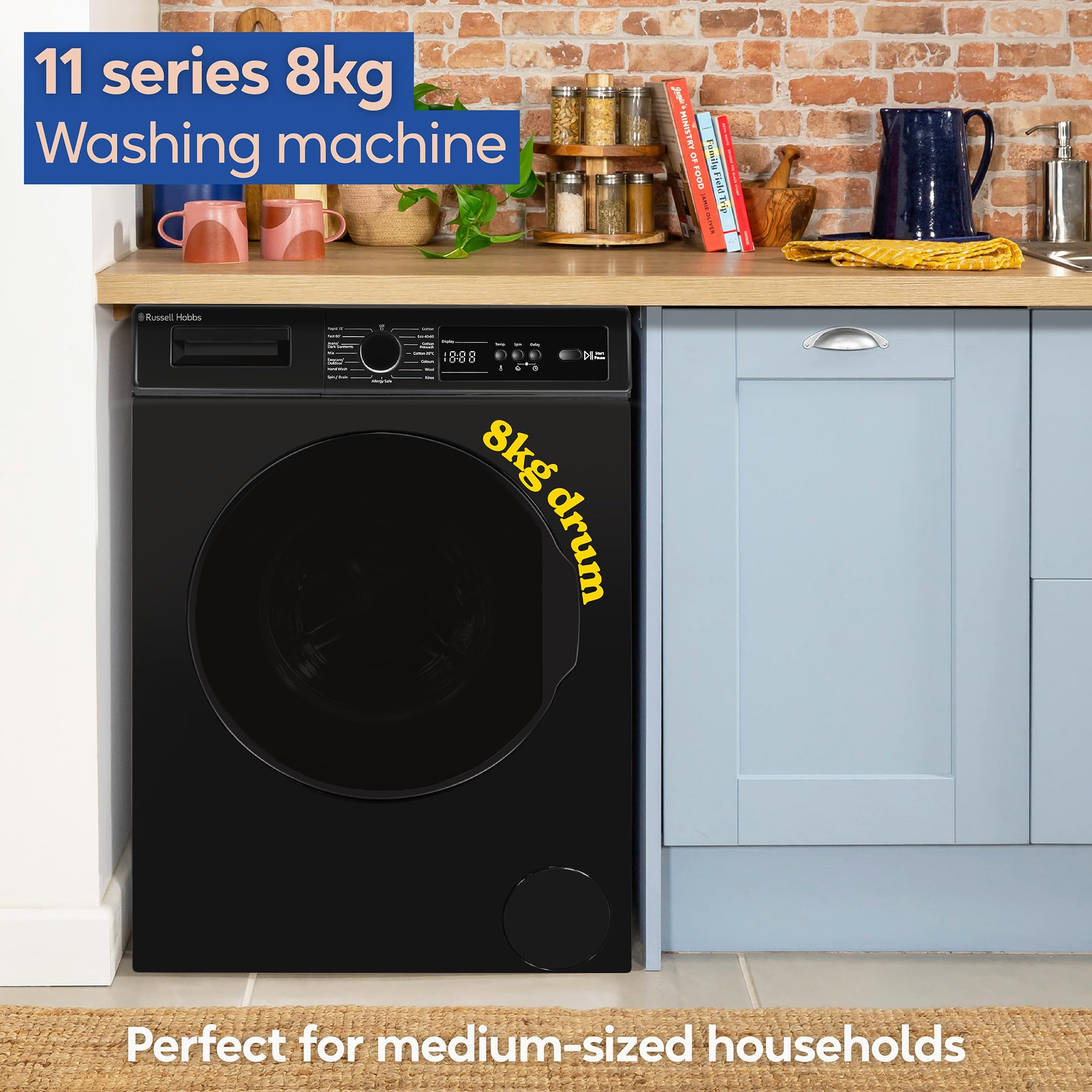 Russell Hobbs Freestanding Washing Machine, 8kg Capacity, 1400 rpm, 15 Programmes, Eco Technology, Rapid Wash Cycles, Black, RH814W111B — view 4