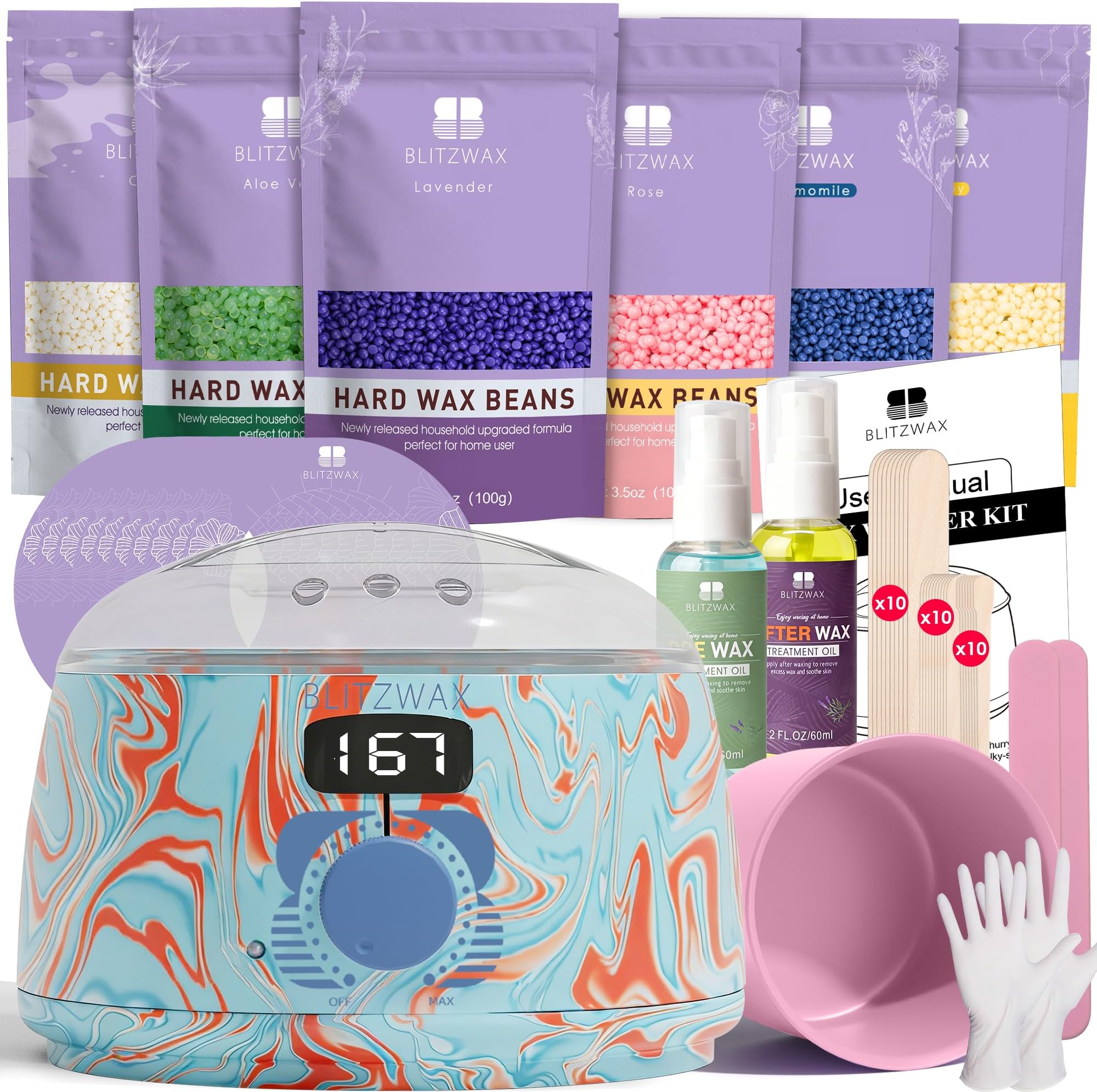 BLITZWAX Brazilian and Bikini Waxing Kit for Women, Hard Wax Warmer for Face, Legs and Body, At Home Hair Removal Kit, Beginner Friendly, Effective on Coarse Hair, Pool Swirl Design