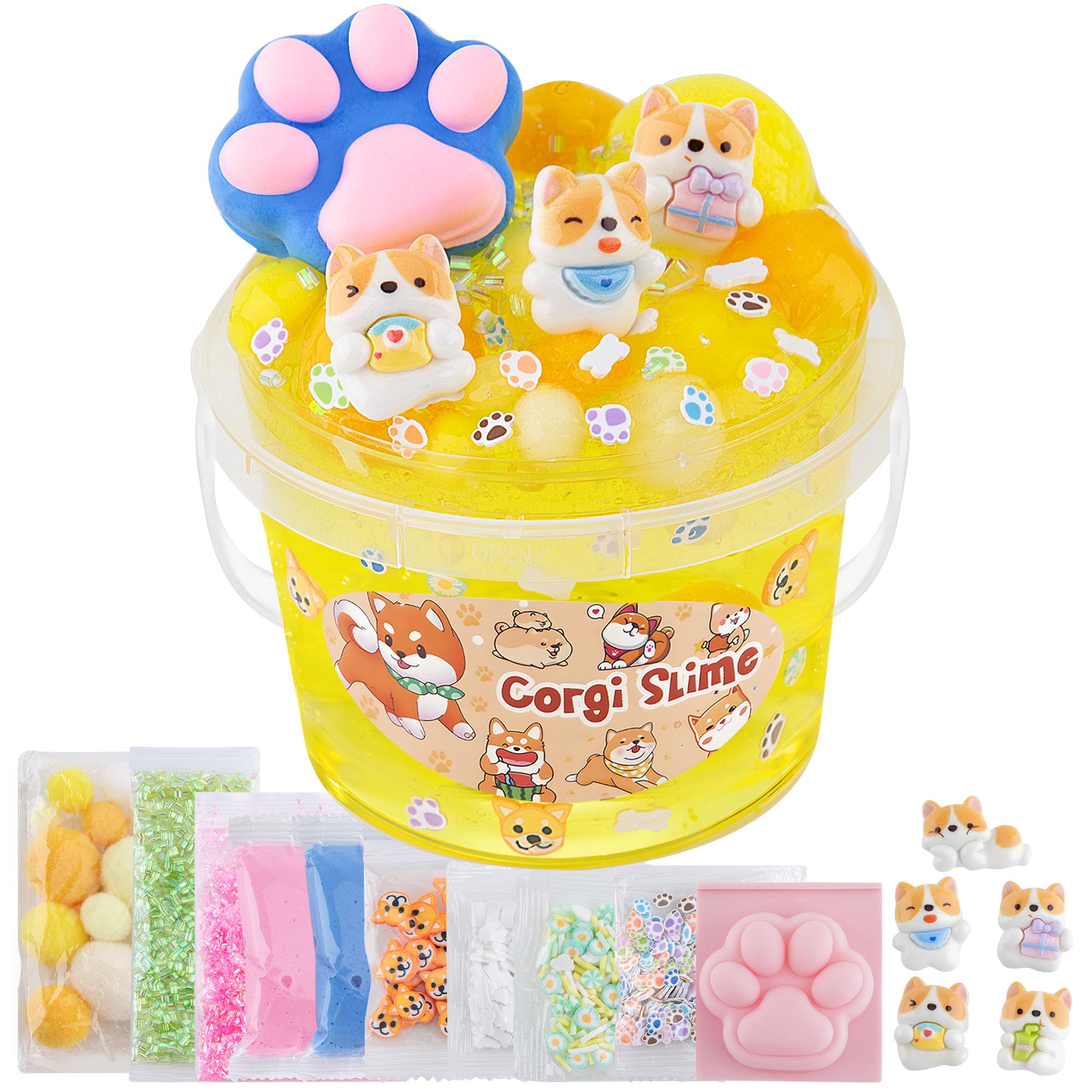 Corgi Yellow Clear Slime Kit, Big Slime Bucket with Slime Clay, 9 Packs of Add-ins, Slime Party Favors for Girls & Boys Ages 8-12, Crunchy Slime Sensory Toys, Holiday Birthday Hallowmas Gift for Kids