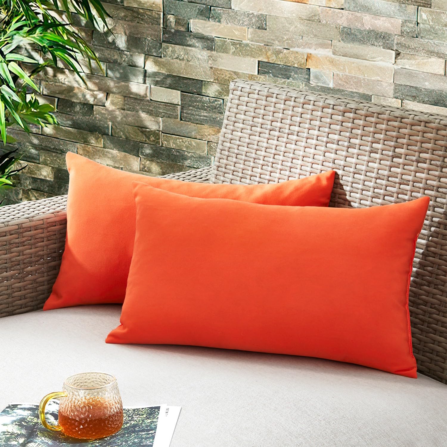 puredown outdoor water resistant throw pillows feathers and down filled decorative pillows for couch cushion garden bench 12 x 20 inch set of 2 orange