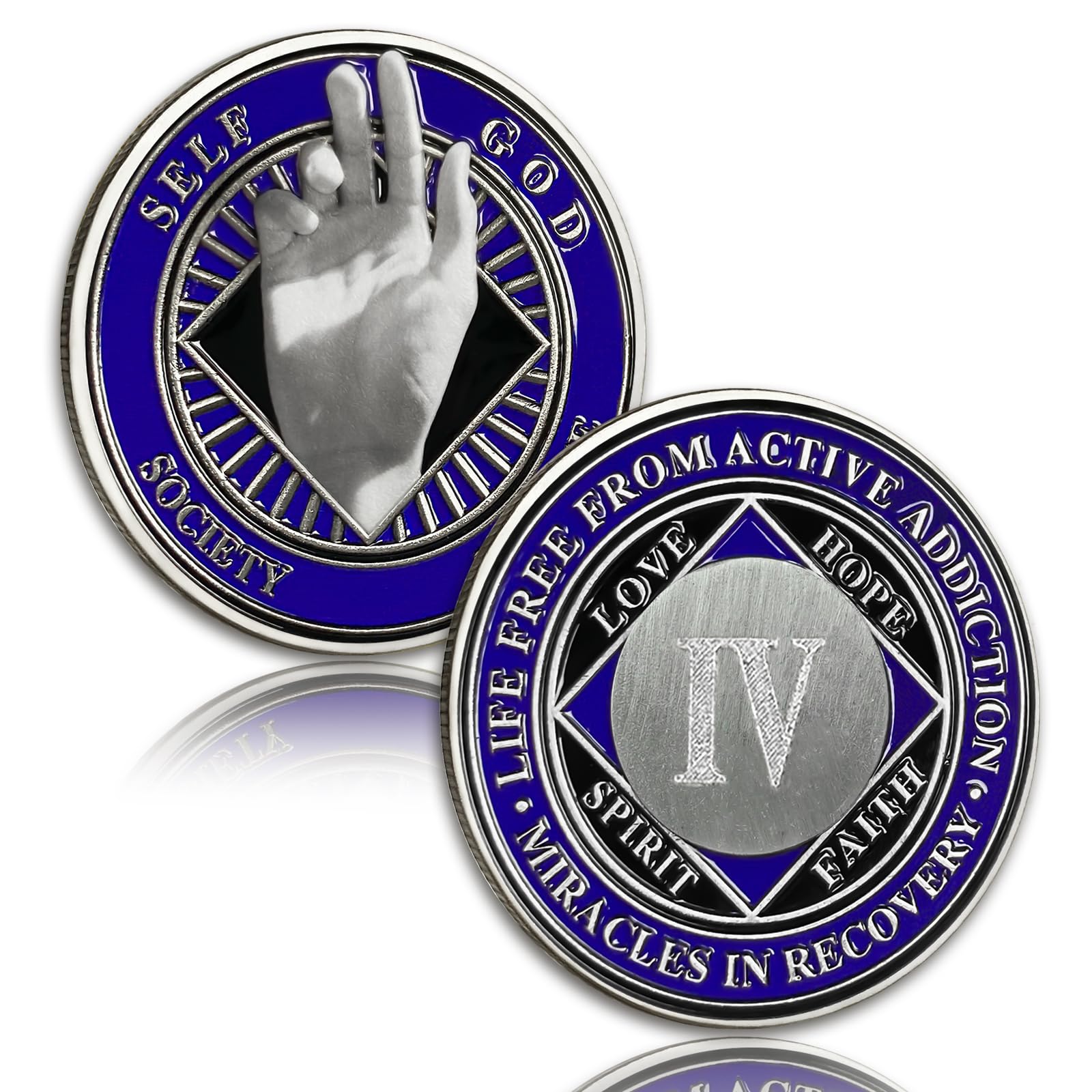 Pièce Sober de 4 ans Upward Hand | Pièce NA bleu-argent – Médaille étape de récupération de la dépendance avec capsule de jeton, cadeau de sobriété pour homme et femme