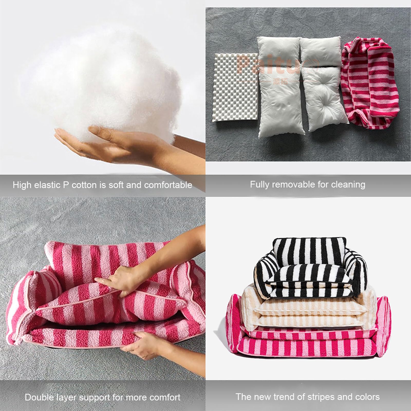 Sofás y sillas para Perros, sofá Cama de Doble Capa para Perros y Gatos, Moderno sofá Cama de Lana de Cordero a Rayas de Doble Capa para Perros y Gatos, Cama Relajante Transpirable con Fondo