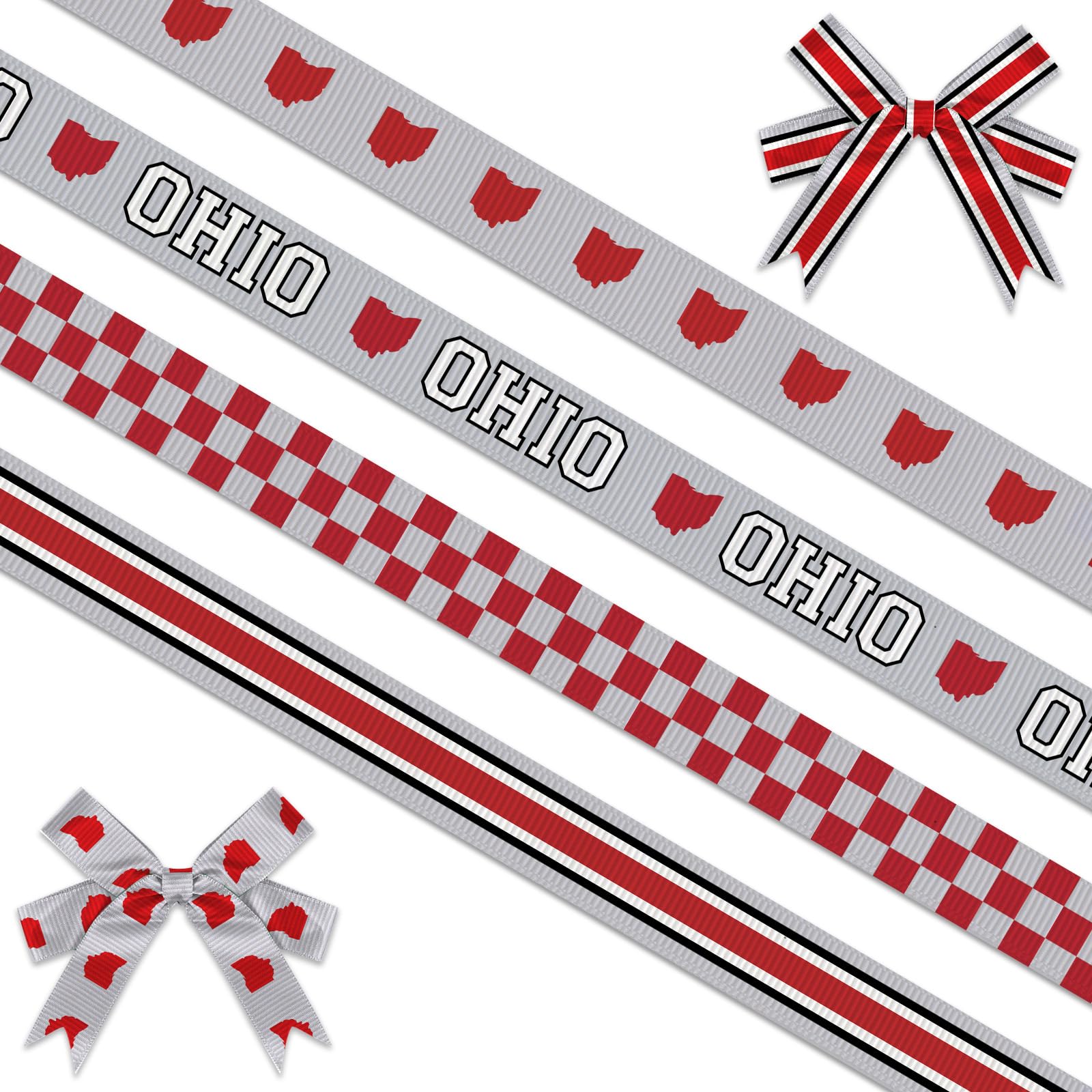 Threetols 4 Rolls 20 Yards Ohio Ribbons, 3/8" White Red Checkered Grosgrain Ribbons Red White Stripe Ribbon Wrapping Craft Ribbon for Ohio State