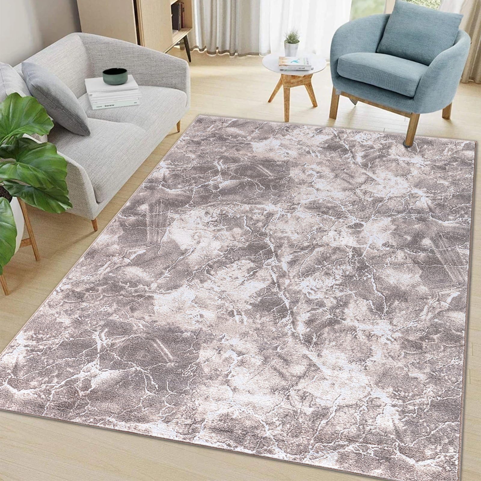 renoazul® Non-Skid Sitting Room Rugs With Gel Backing - Marble Rug - 160 x 230 cm - Beige - Washable Low Pile Rug, Hearth Rugs For Fireplaces - Ideal For Lounge, Kitchen & Dining Room.