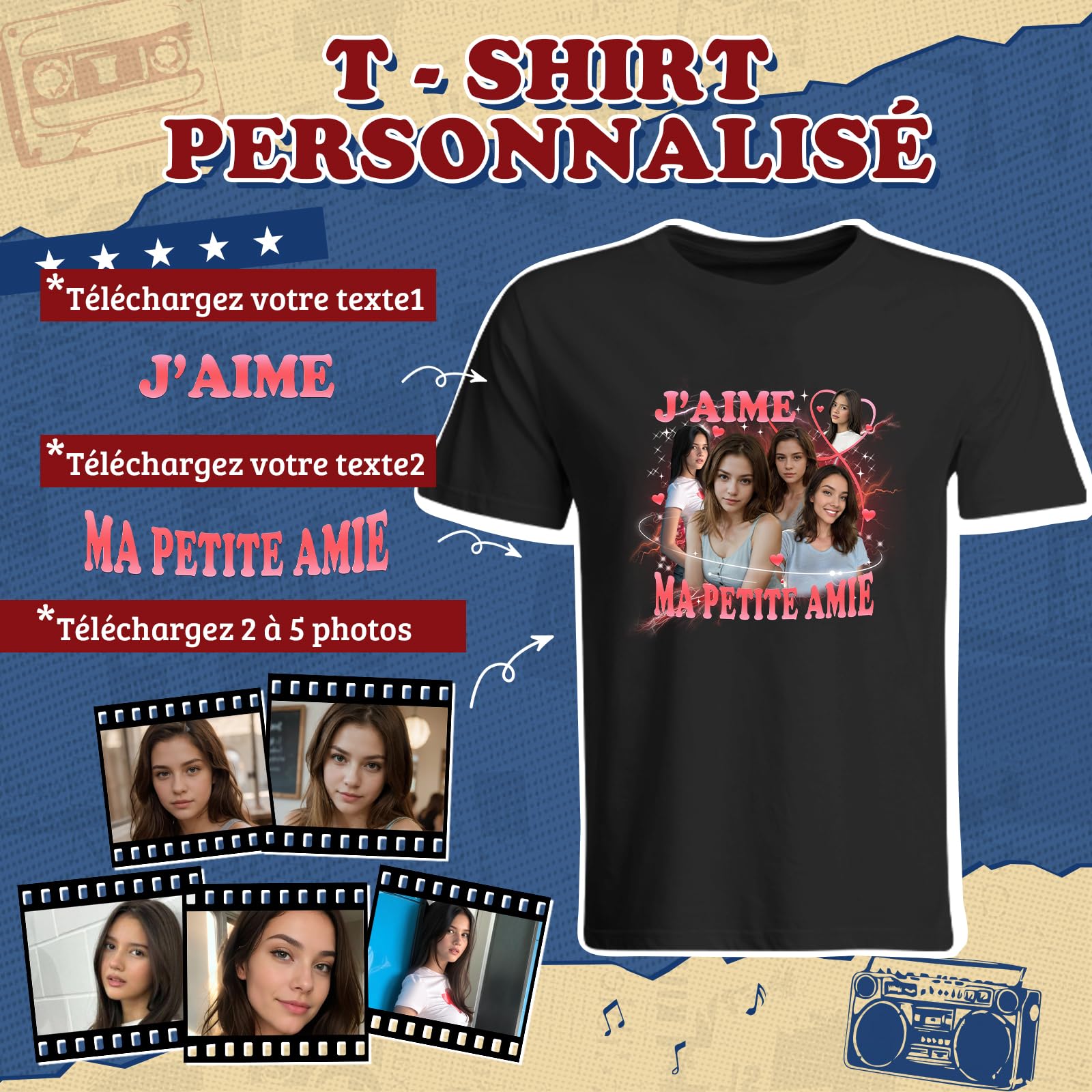 T Shirt Personnalisé Photo et Texte, Tee Shirt Personnalisable Homme Femme, T-Shirt Personnalisé Original avec Image, Cadeau Personnalisé pour Anniversaire, Couple et Souvenir