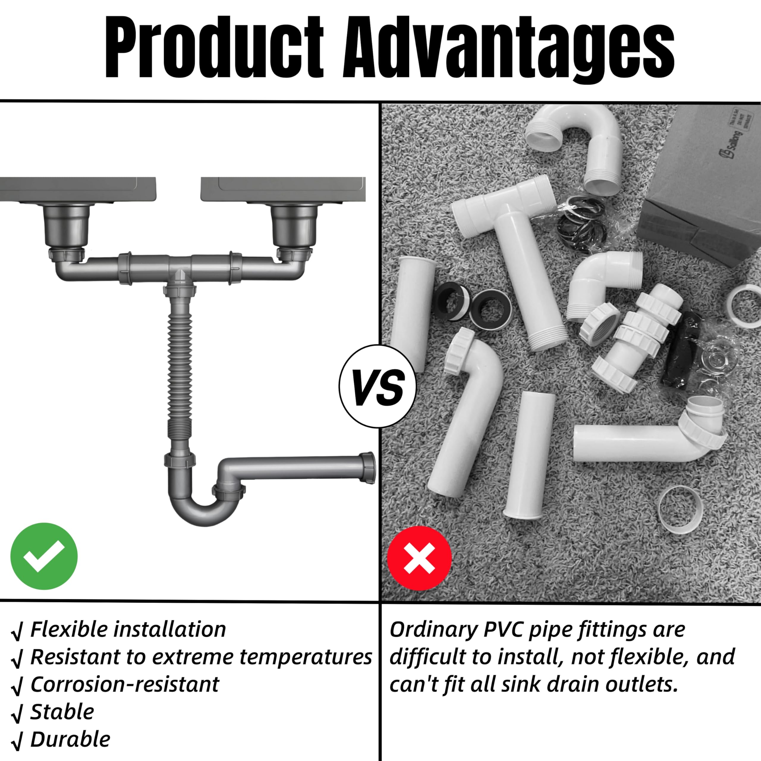 Kit de tubo de drenaje doble para fregadero de cocina de 1-1/2 pulgadas, trampa P expandible y flexible, toma de pared, kit de repuesto completo de tubería de fregadero