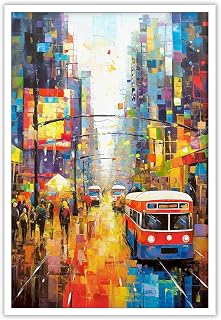 Abstract Colorful Cityscape Posters Prints The Crowds And Buses Under Times Square Canvas Wall Art For Home Bedroom Dorm Wall Decor 12x16in Unframed