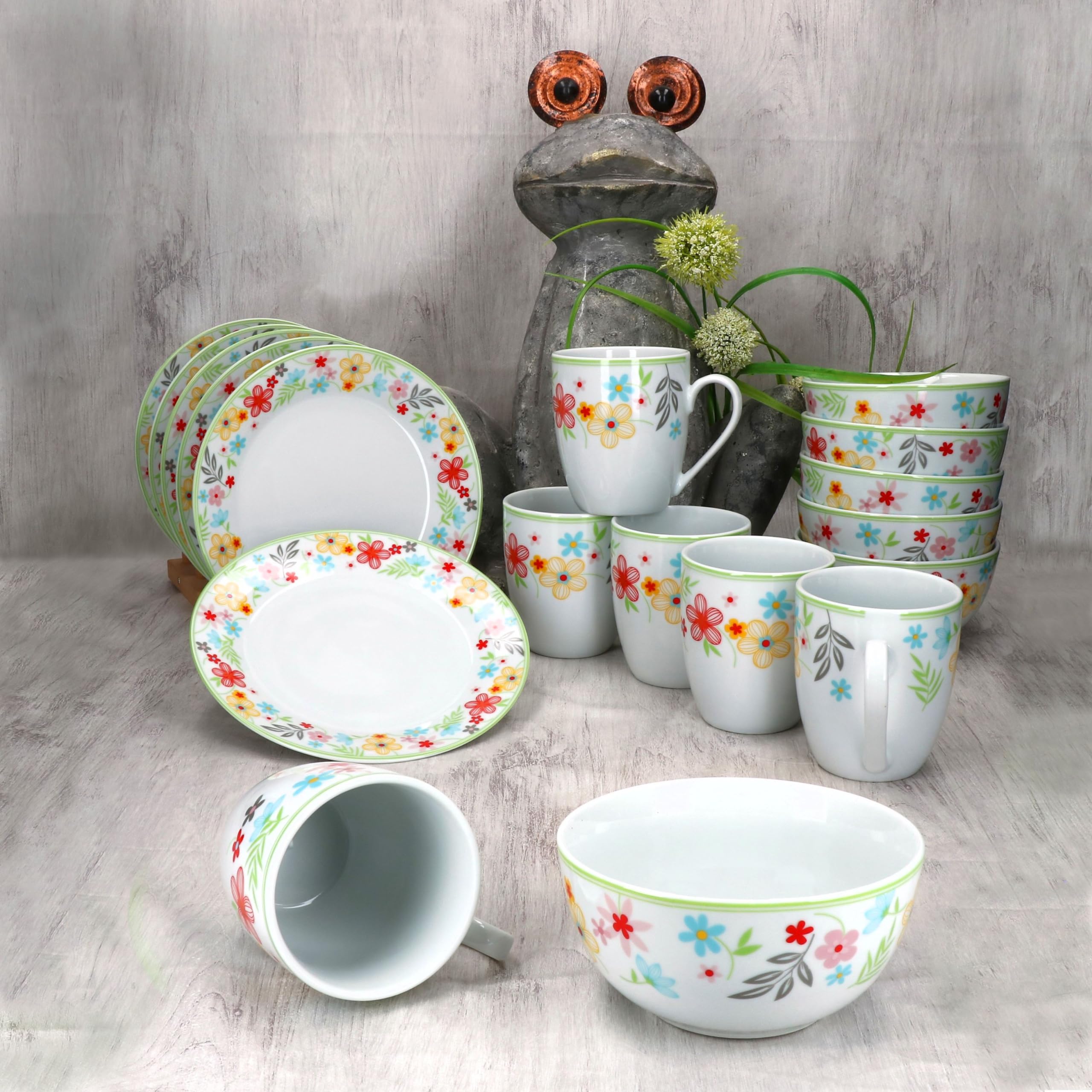 MamboCat Variant Blümchen Service de Petit-Déjeuner 18 Pièces I 6 Assiettes, Bols 450 ml et Tasses à Café 350 ml, Hauteur 10,3 cm pour 6 Personnes I Vaisselle en Porcelaine