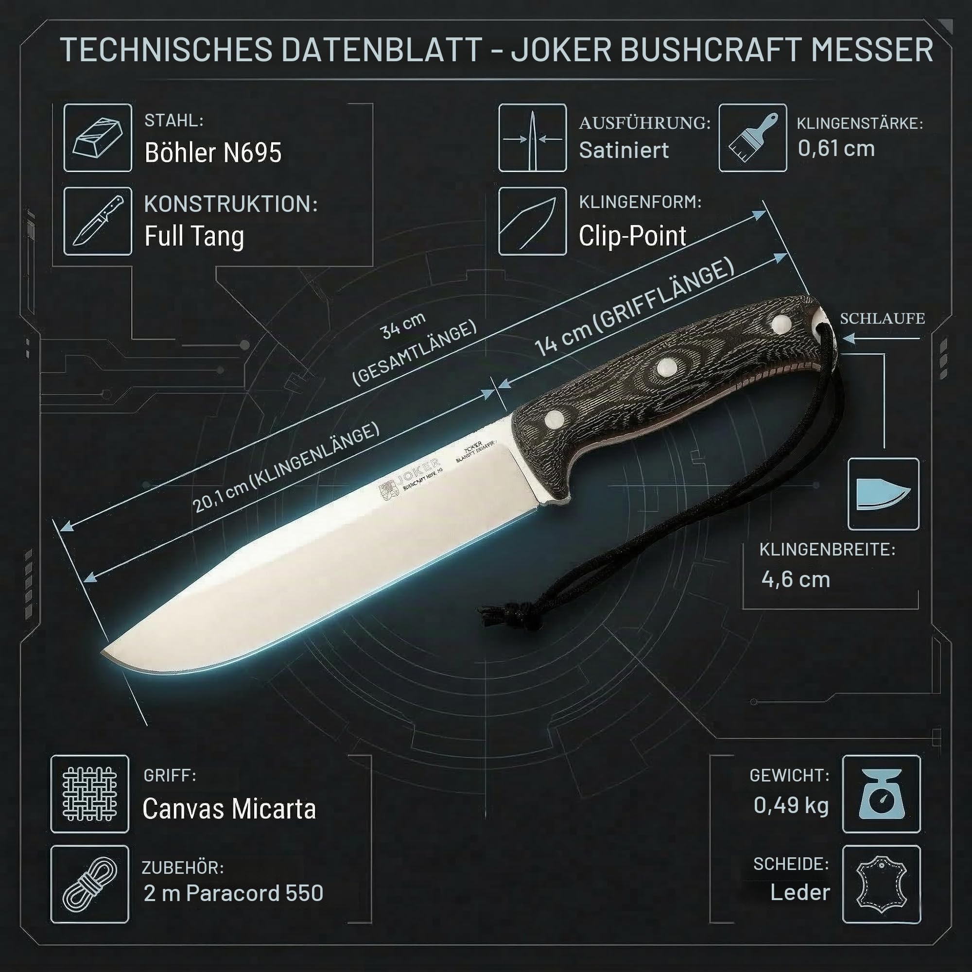 Joker CM146 Bush Camp Knife Survivalmesser 20 cm Böhler N695 Stahl, Full Tang Bushcraft Messer mit Micarta Griff, Lederscheide und Paracord 550, hergestellt in Albacete Spanien