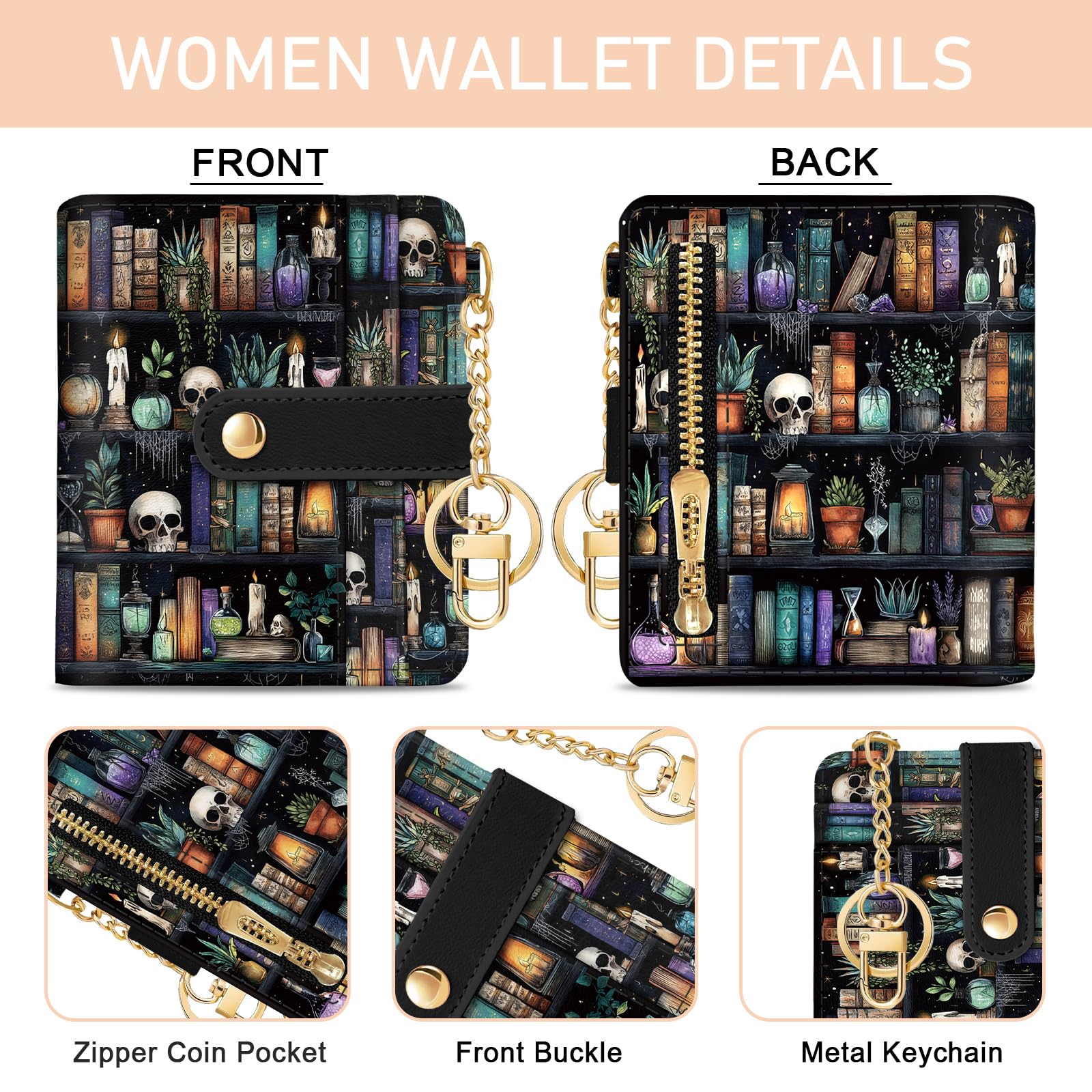 Jogjam Rfid Ladies Wallet, Small Slim Thin Compact Credit Card Women Wallet, PU Leather Bifold Cash Zipper Coin Pocket ID Window for Female: Bookshelf and Skull