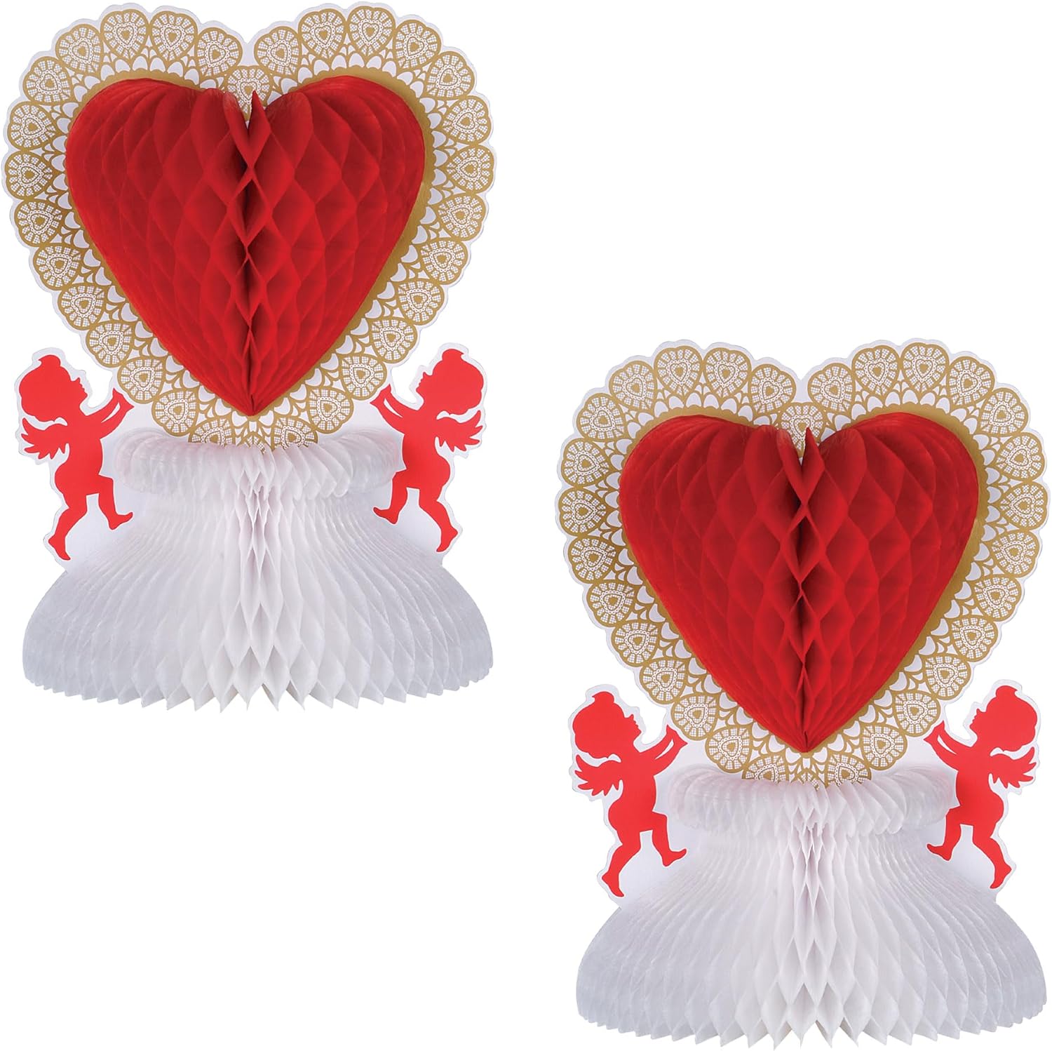 Beistle Valentine Centerpieces, 2 Count, Romantic Heart and Cupid Honeycomb Table Decorations in Red White and Gold, Party Décor for Valentine's Day, Weddings and Anniversary Celebrations, 11”