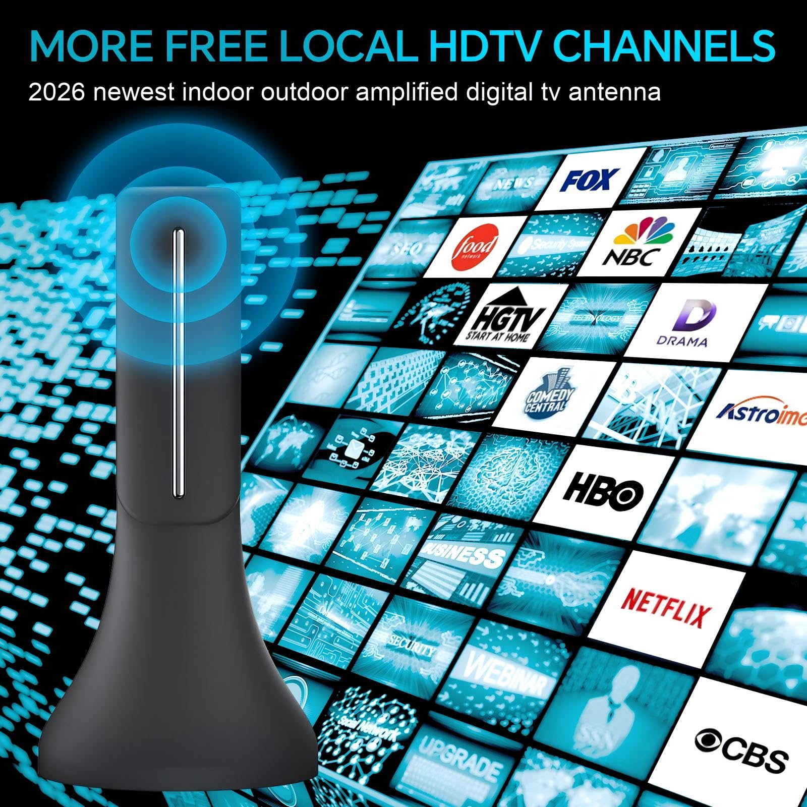 Antenna TV digitale per interni aggiornata 2026, antenna HD per ricezione a 360° a lungo raggio per Smart TV e tutti i vecchi televisori, amplificatore di segnale cavo coassiale da 4 m, supporta