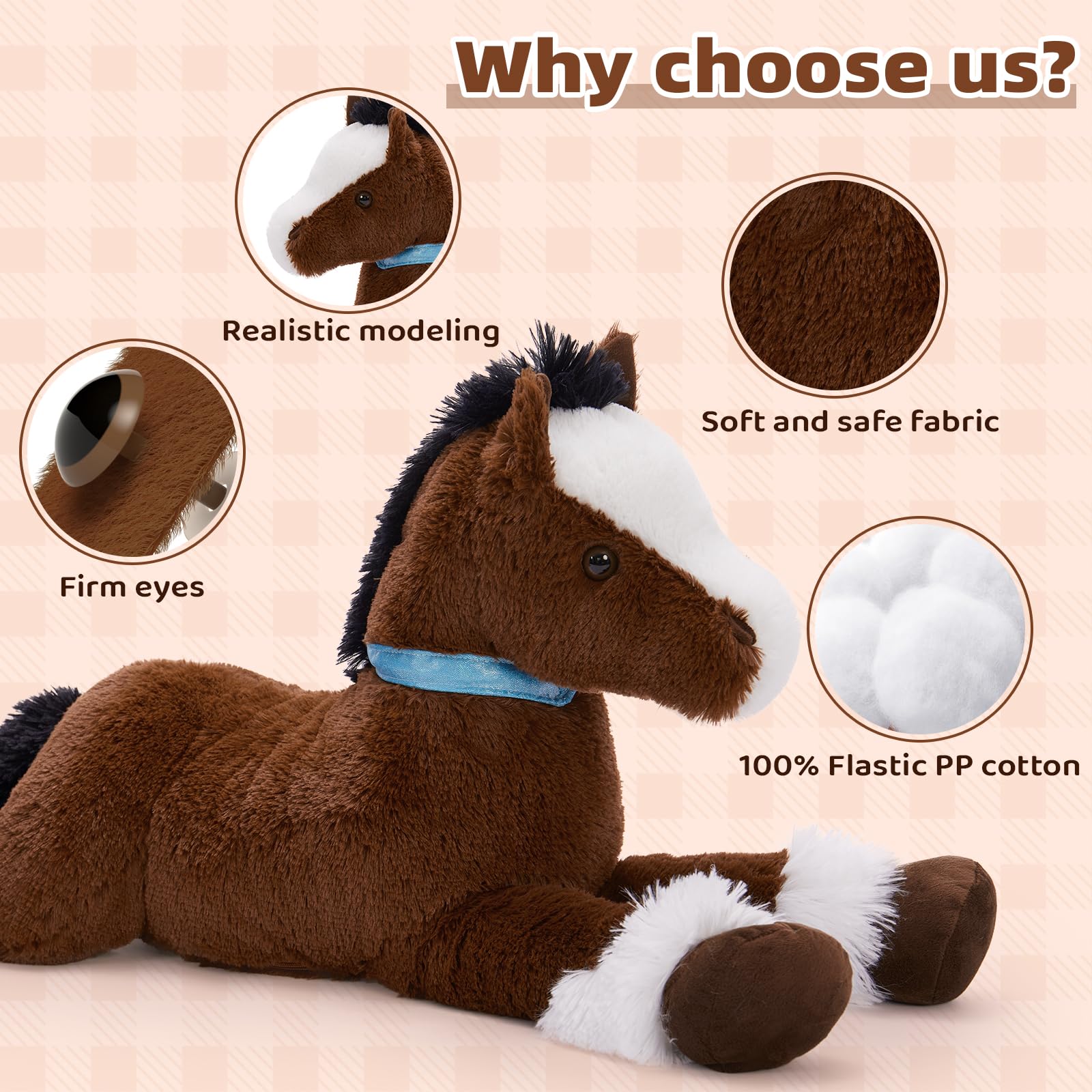 KERTA 35Inches Large Horse Stuffed Animal, 3 Feet Realistic Stuffed Pony Plush Toy, Hugging Soft Chocolate Horse Plush Body Pillow Gift for Kids Girlfriend 5