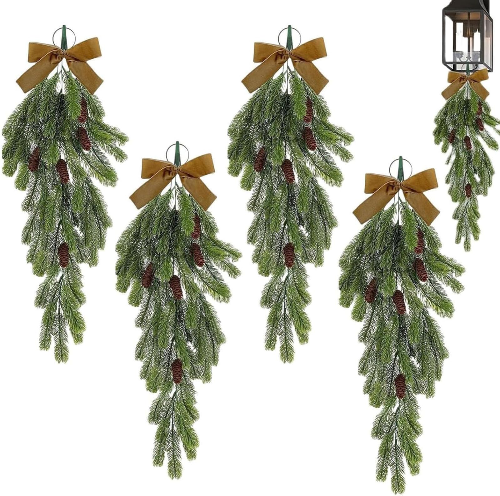 Green 4 Pack Christmas Swags With Velvet Bow & Pine Cones, 27.6 Inch Artificial Teardrop Swag Hanging Decoration For Home, Front Door & Staircase Decor