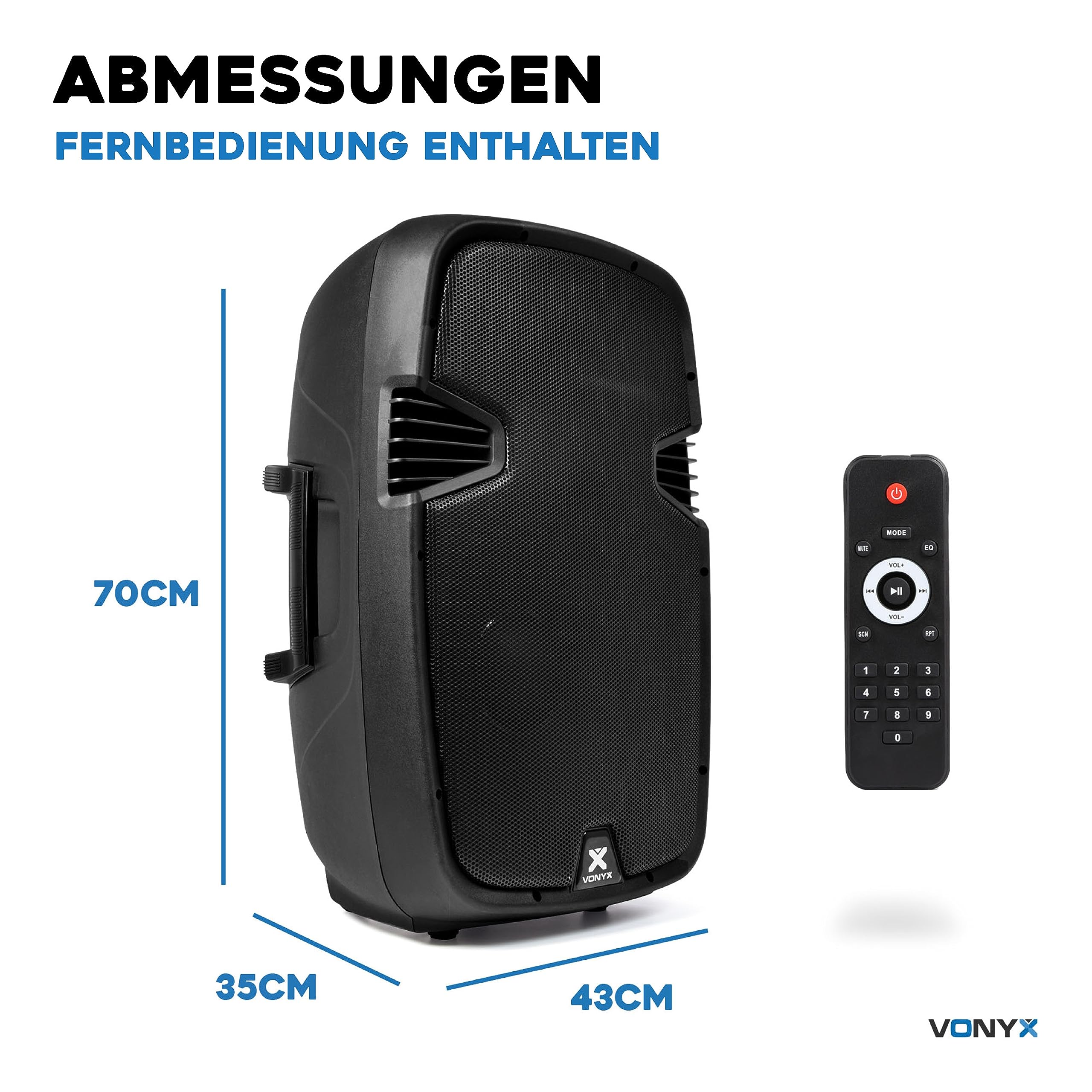 Vonyx SPJ-1500ABT MP3, PA Aktiv Lautsprecher, DJ Box, 800 Watt 15 Zoll High End Aktivpeaker, MP3-Player, Rollen, Fernbedienung, Bluetooth, USB, DMX, Cinch, PA-Speaker, Monitor Boxen, Karaoke, Schwarz