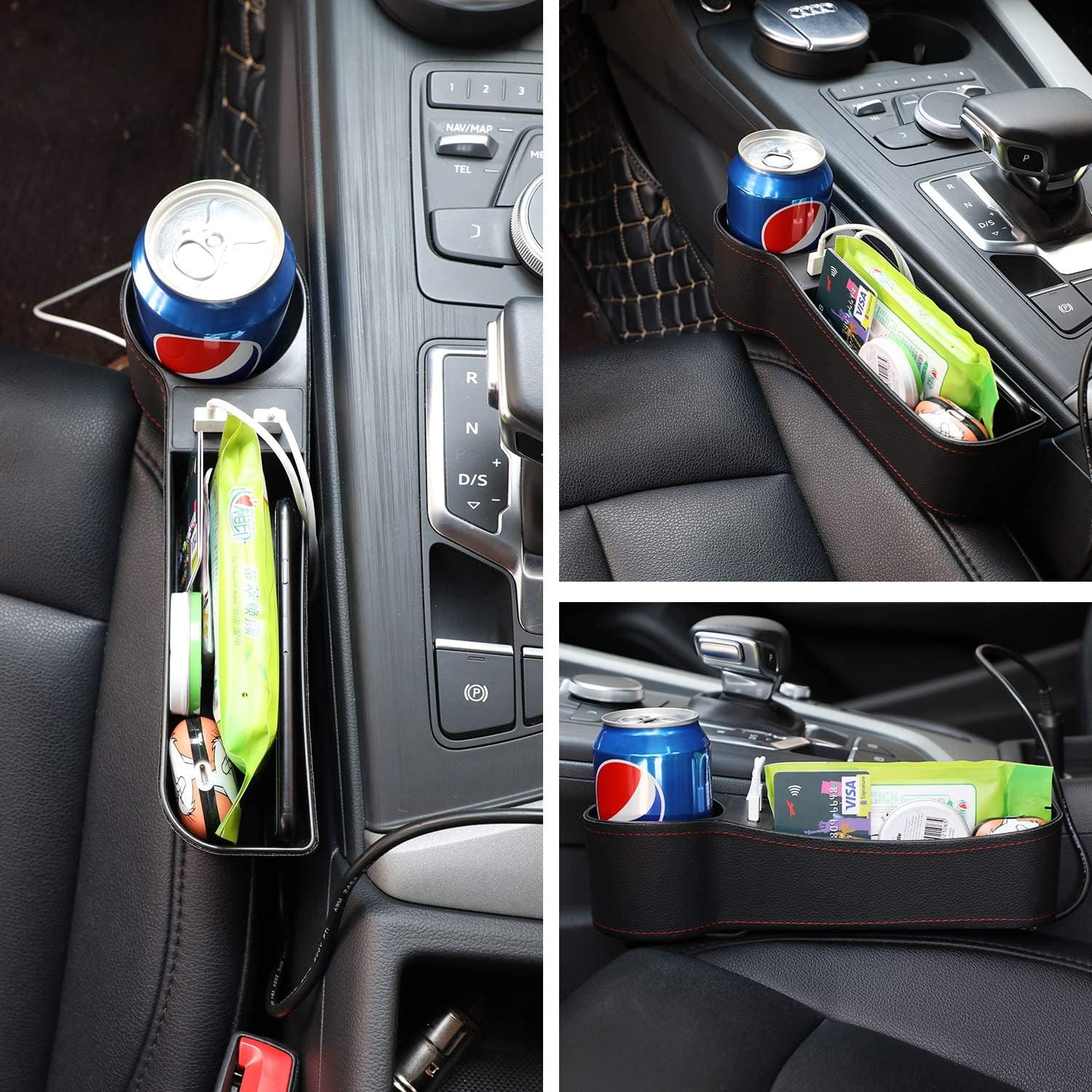 Car Seat Pockets PU Leather Car Console Side Organizer Seat Gap Filler with Big Cup Holder, 2 USB Chargers, for Driver Side