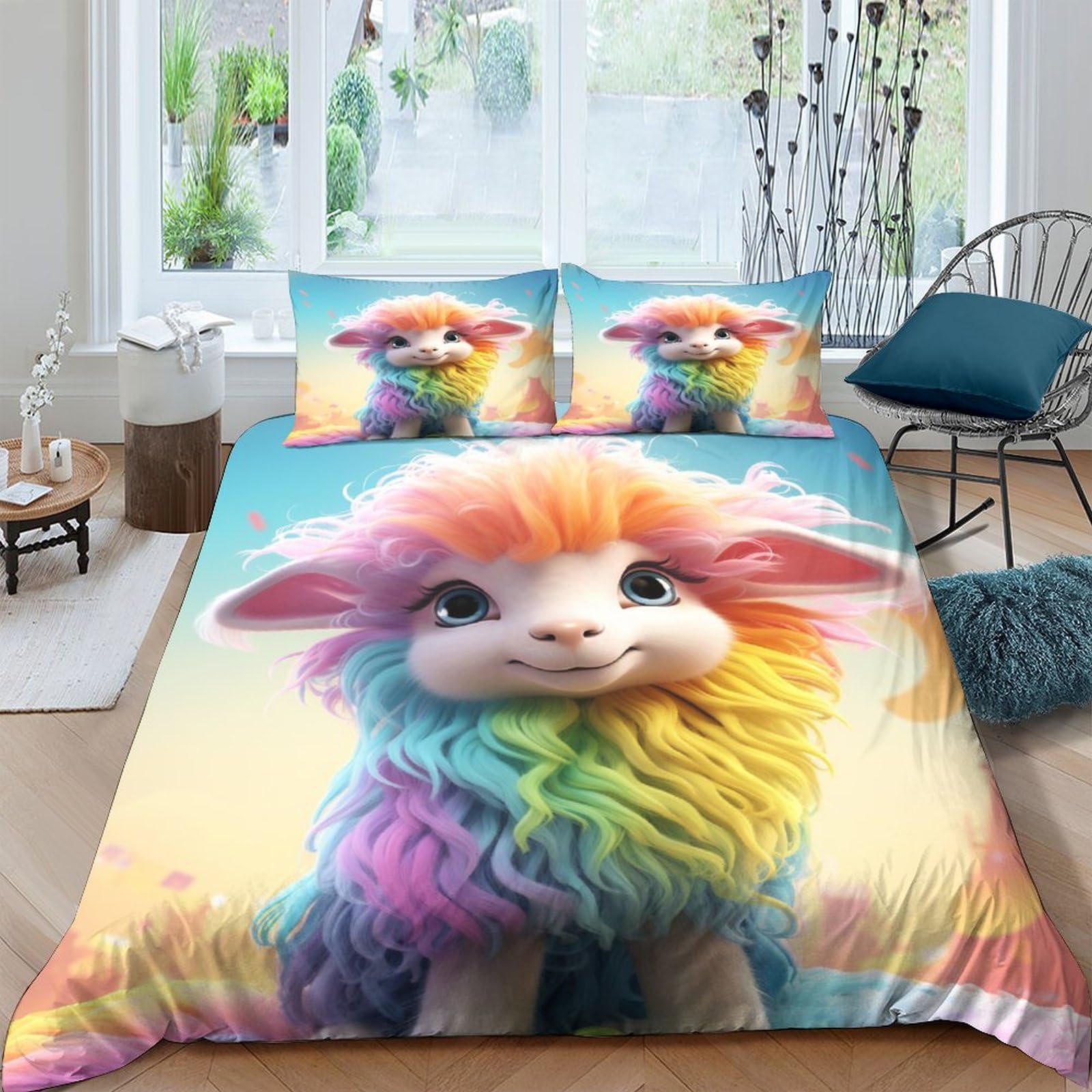 Cartoon Sheep Bedding Duvet Cover Set 3D Wildlife Quilt Cover Soft Microfiber Bedroom Duvet Set Bedding Set with Pillowcase,for Teens And Adults 3 Piece Set Double（200x200cm）