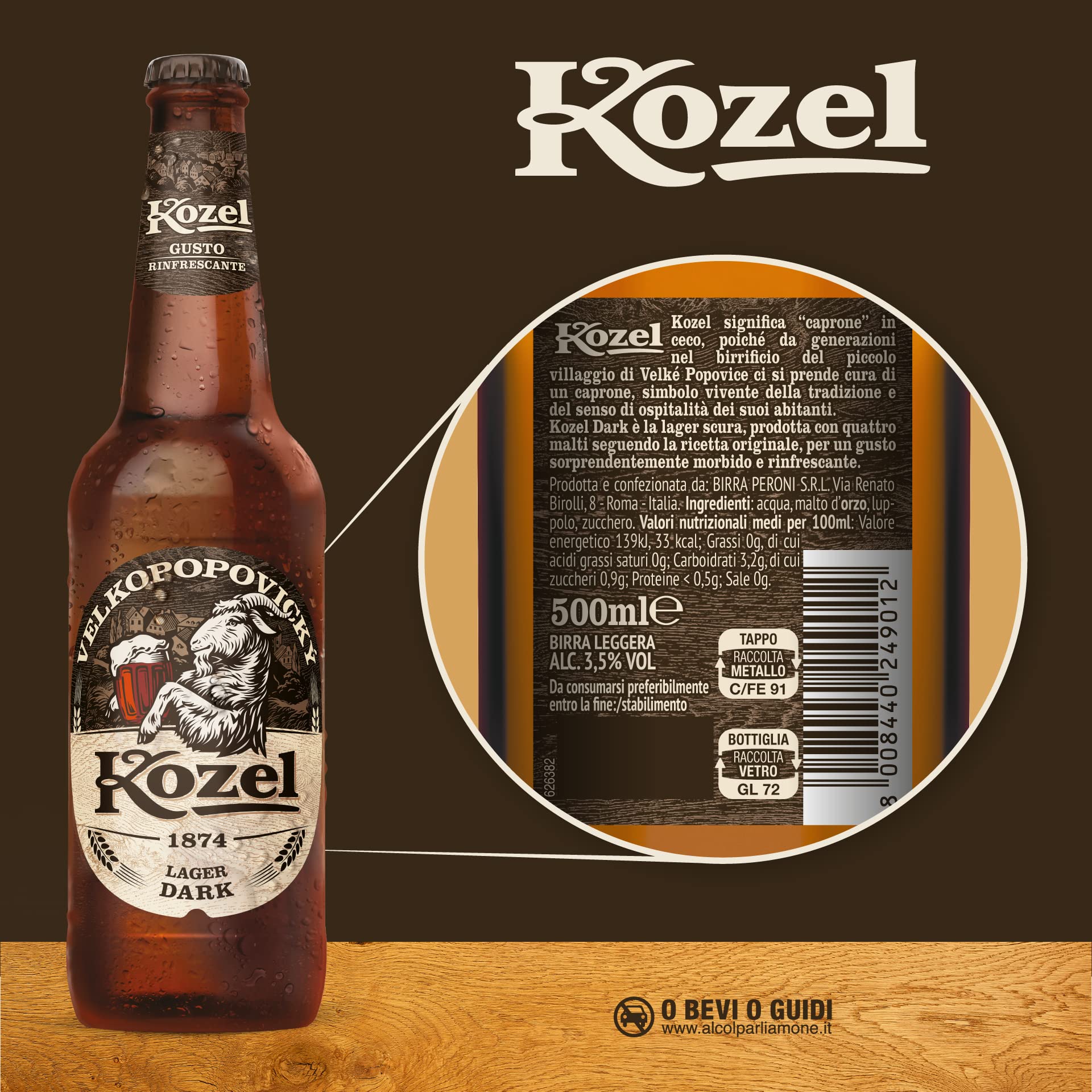 Kozel Birra Lager Dark, Cassa Birra con 20 Birre in Bottiglia da 50 cl, 10 L, Gusto Morbido e Rinfrescante, Gradazione Alcolica 3.5% Vol