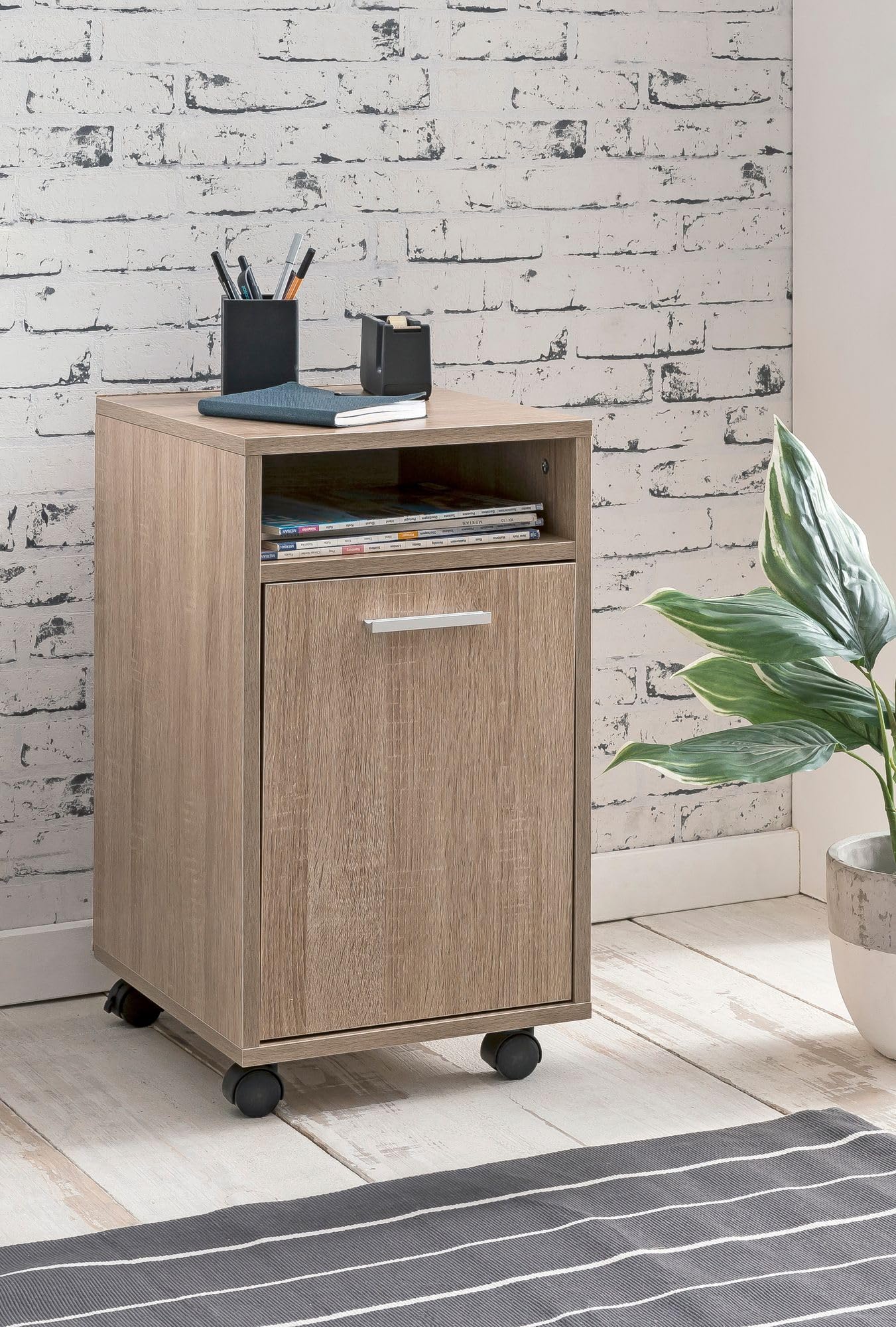 FineBuy Caisson de Bureau 33x60x38 cm Placard de Rangement Mobile Sonoma | Armoire de Rangement Petite avec Porte | Meuble de Bureau a Roulette
