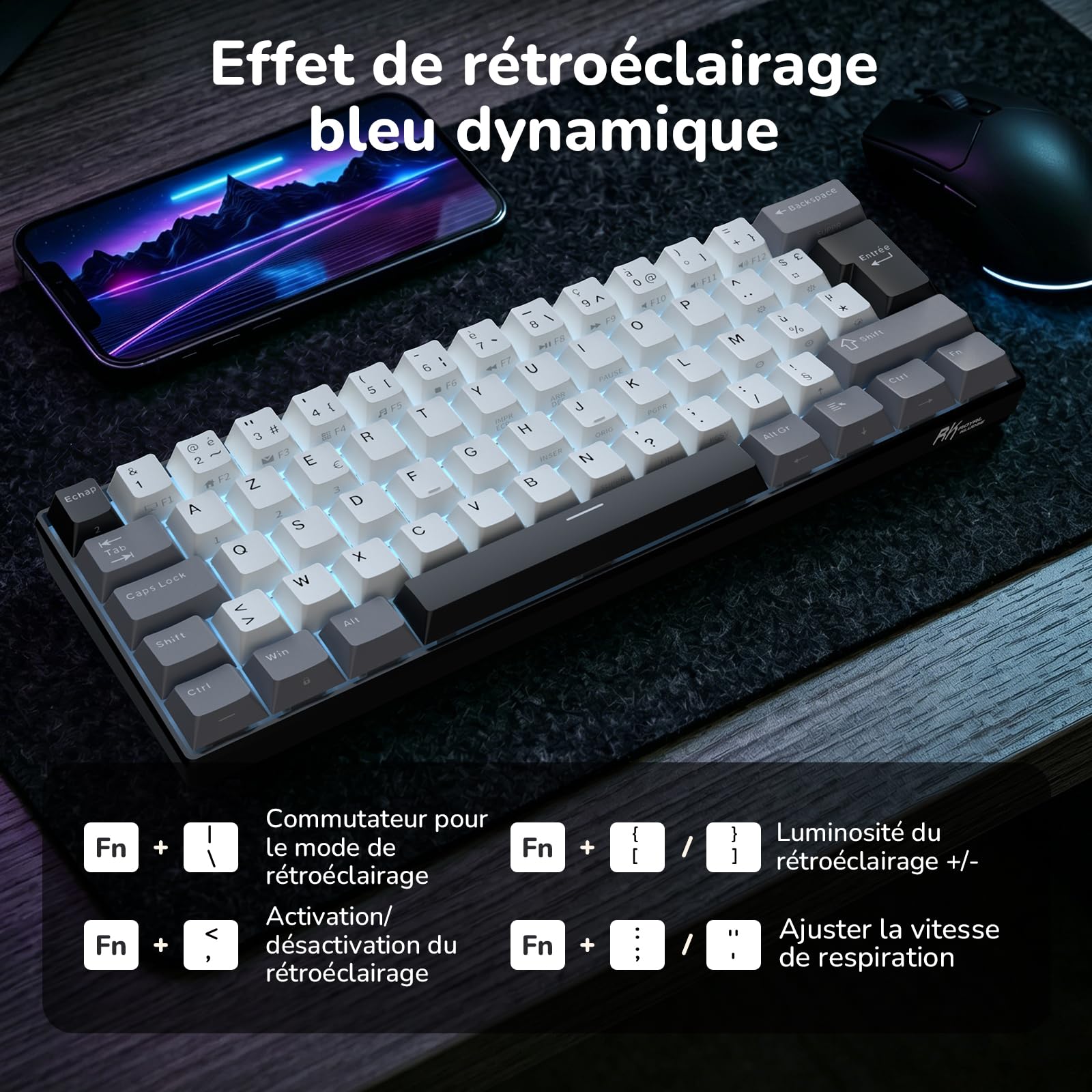 RK ROYAL KLUDGE RK61-FR Clavier de Jeu mécanique sans Fil, Clavier 60% avec Triple Mode BT5.0/2,4 GHz/USB-C, Touches en PBT, Logiciel Pro, Compatible Hot-Swap, Français AZERTY